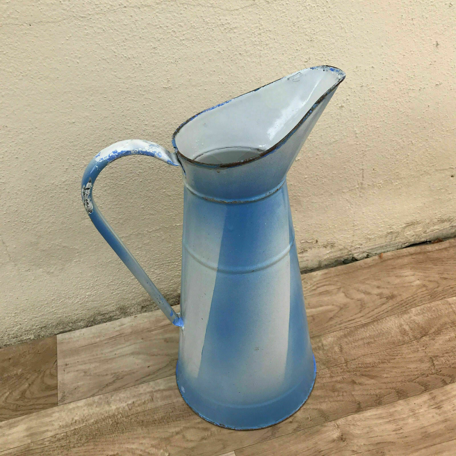 Vintage French Enamel pitcher jug water enameled white blue 3010179 - Fleamarketfrance