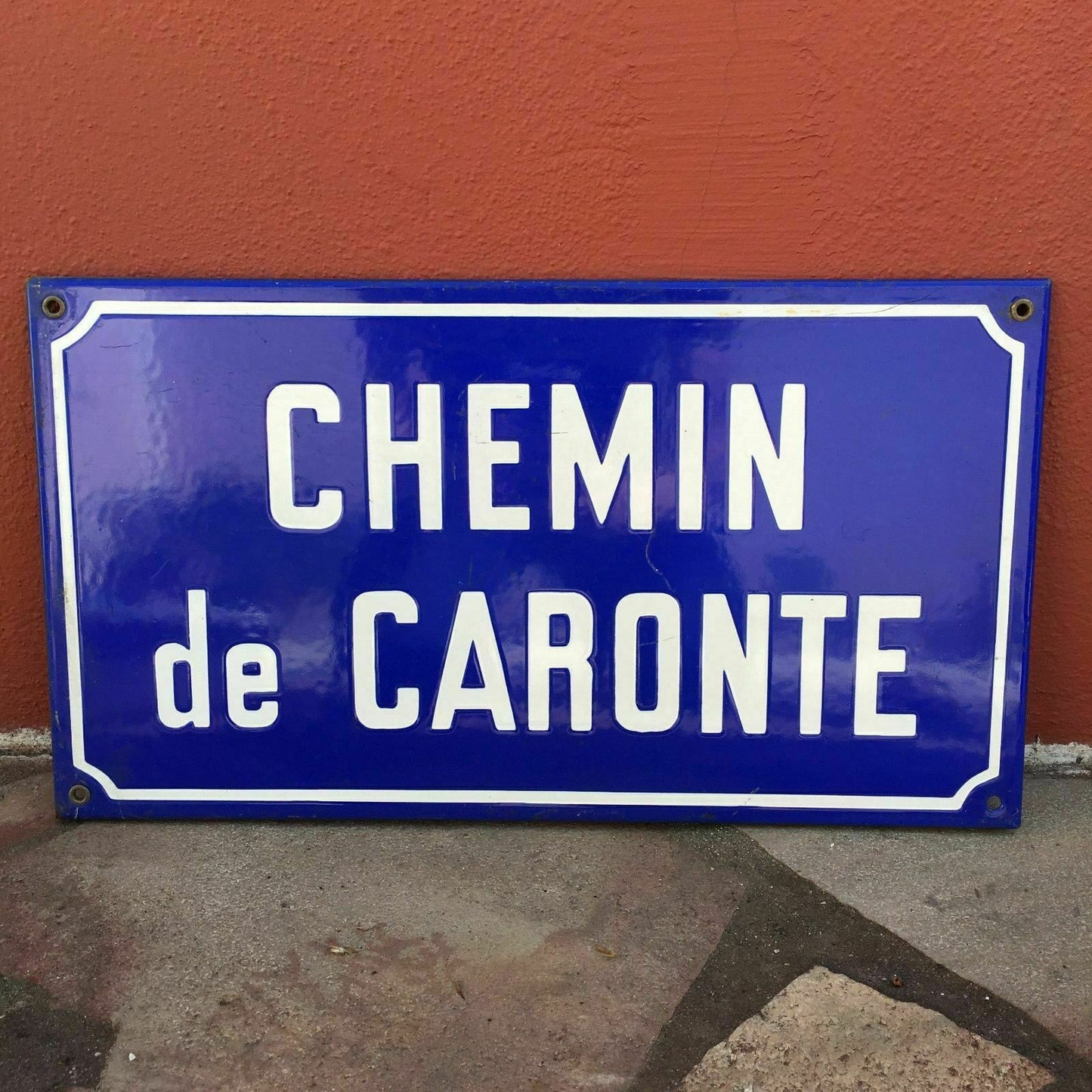 French Street Sign CHEMIN de CARONTE Blue Enamel Plaque Vintage caronte Fleamarketfrance