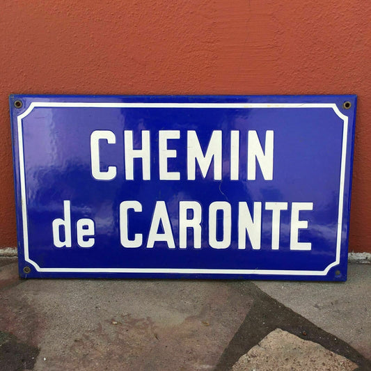 French Street Sign CHEMIN de CARONTE Blue Enamel Plaque Vintage caronte Fleamarketfrance