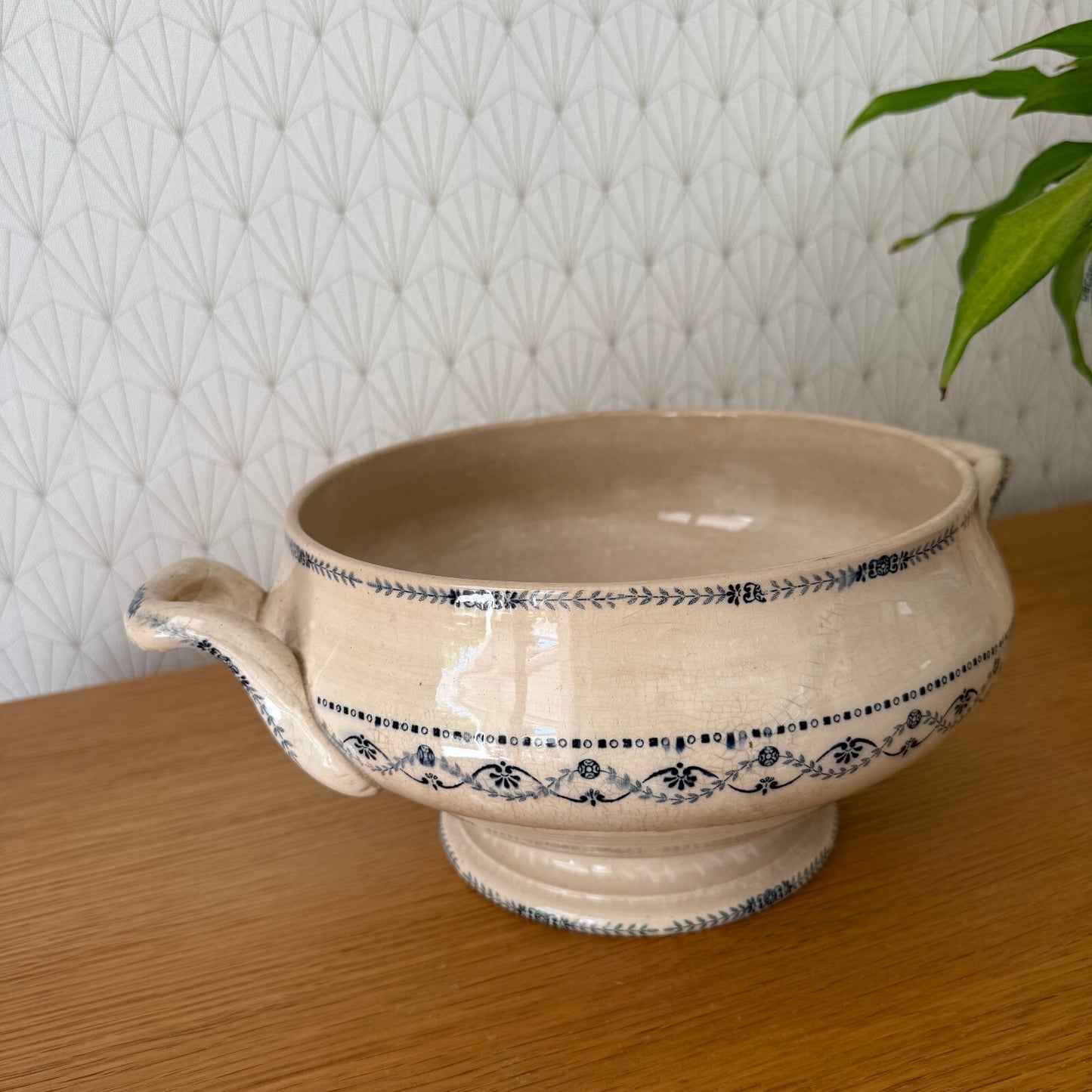 French Vintage Tureen  Earthenware Flowers Fruits Blue Bowl 1906253