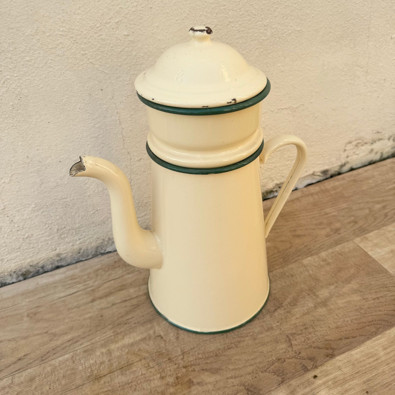 Vintage French Enamel Coffee Pot Beige Green Trim Enamelware Kitchen 0602249 Fleamarketfrance