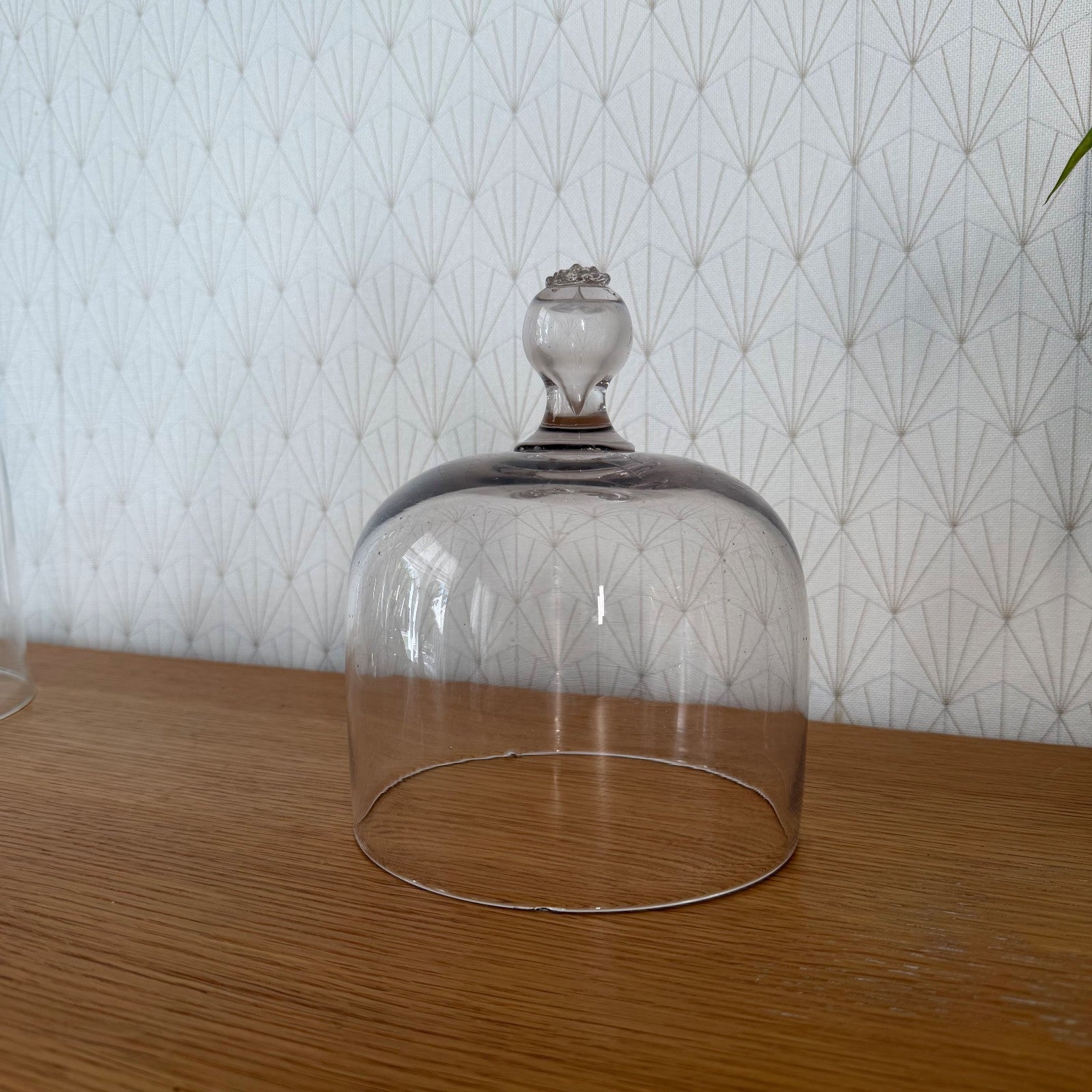 Antique French glass cloche dome cheese cover from side angle showing clear glass patina