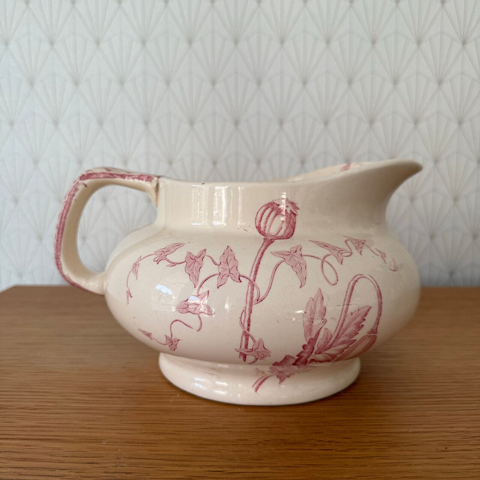 HANDMADE GLAZED WHITE PINK VINTAGE FRENCH PITCHER TERRACOTTA LONGCHAMP 0911248 - Fleamarketfrance