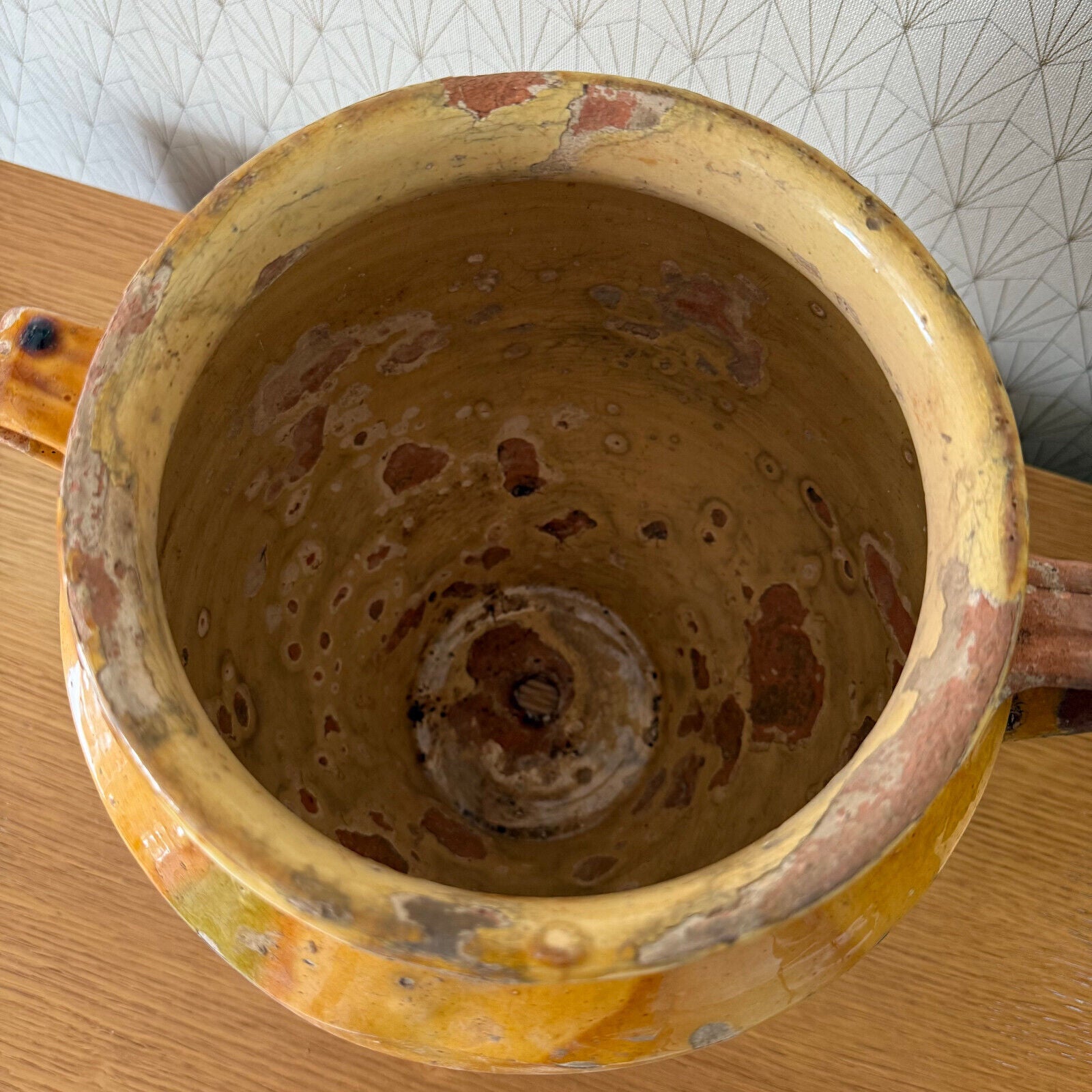 RARE BIG HANDMADE GLAZED YELLOW ANTIQUE FRENCH CONFIT POT TERRACOTTA 2302257 - Fleamarketfrance