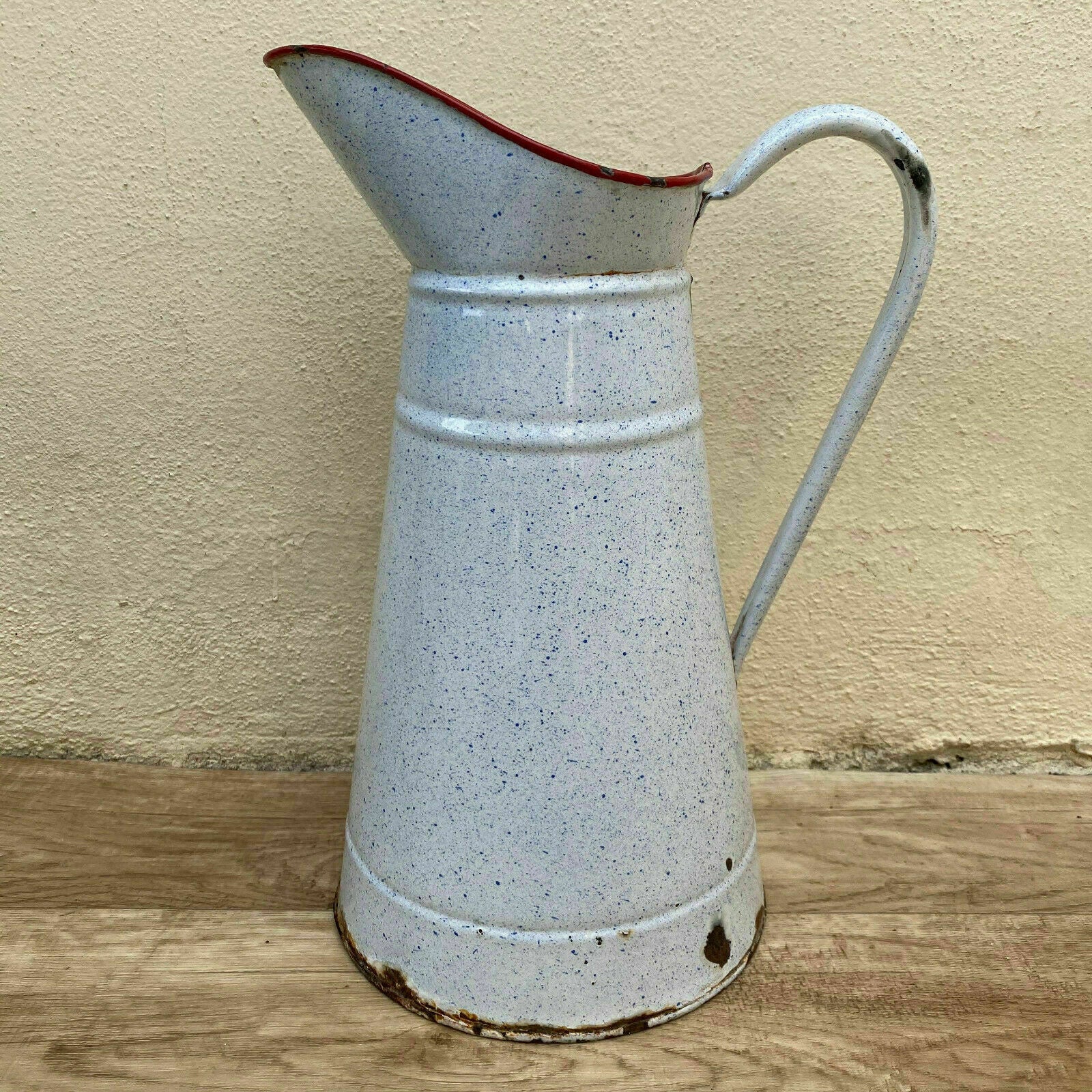 Vintage French Enamel pitcher jug water enameled white red 08112010 - Fleamarketfrance