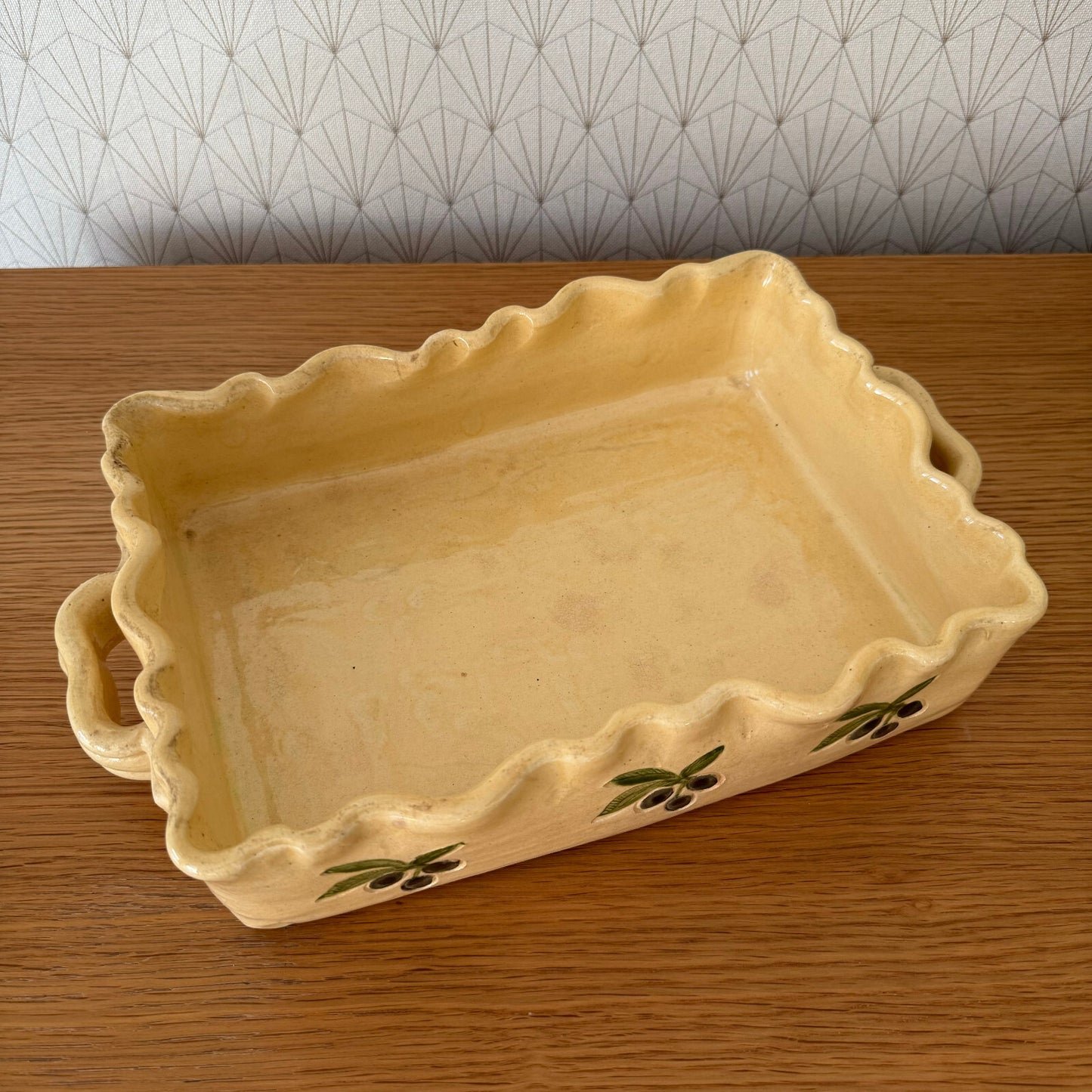 French Pottery Gratin Dish Yellow Olive Pattern Vintage Bakeware 0911246 Unbranded