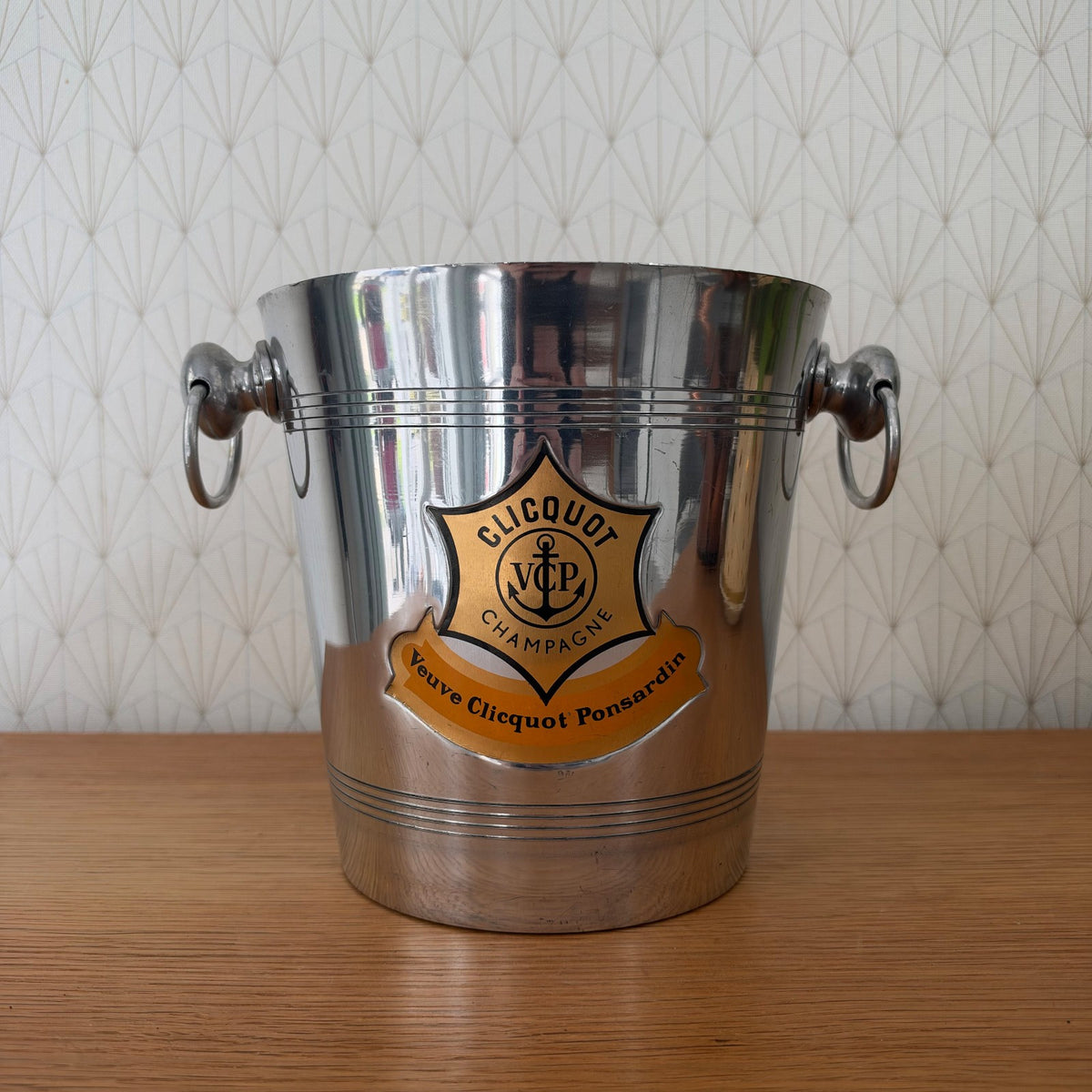 Front view of French-made Veuve Clicquot Ponsardin champagne ice bucket with original branding