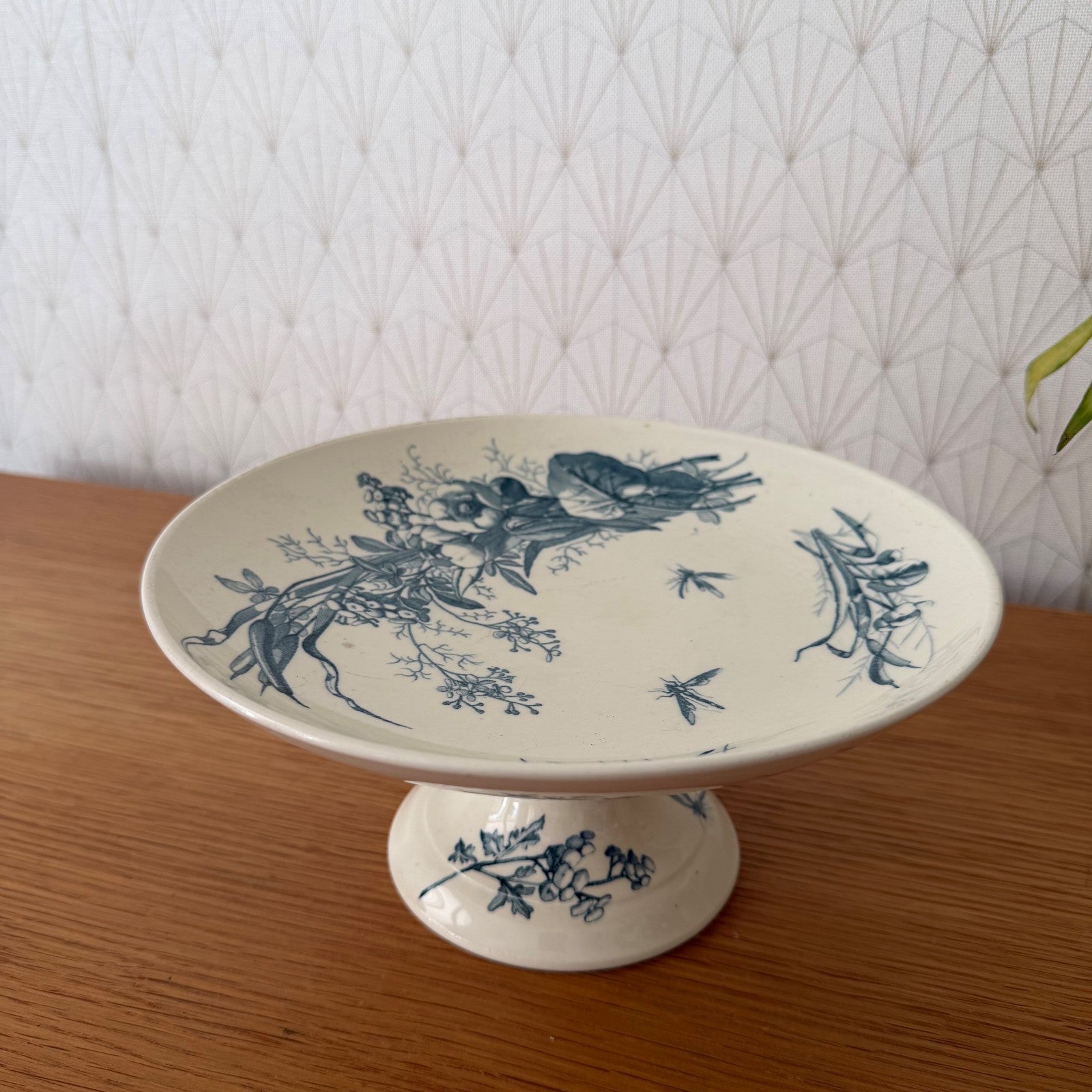 French Antique Luneville Compote Pedestal Dish Blue Floral Birds 0708264 Unmarked