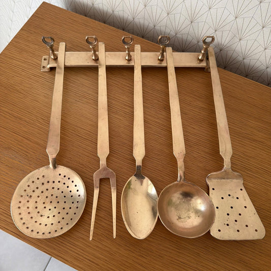 Vintage French Brass Kitchen Utensils Set 6 Pieces Hanging Bar 1805267 Unbranded