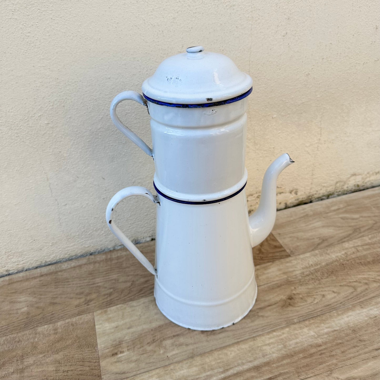 French Enamel Coffee Pot White Blue Trim Biggin Filter Vintage 1302233 Fleamarketfrance