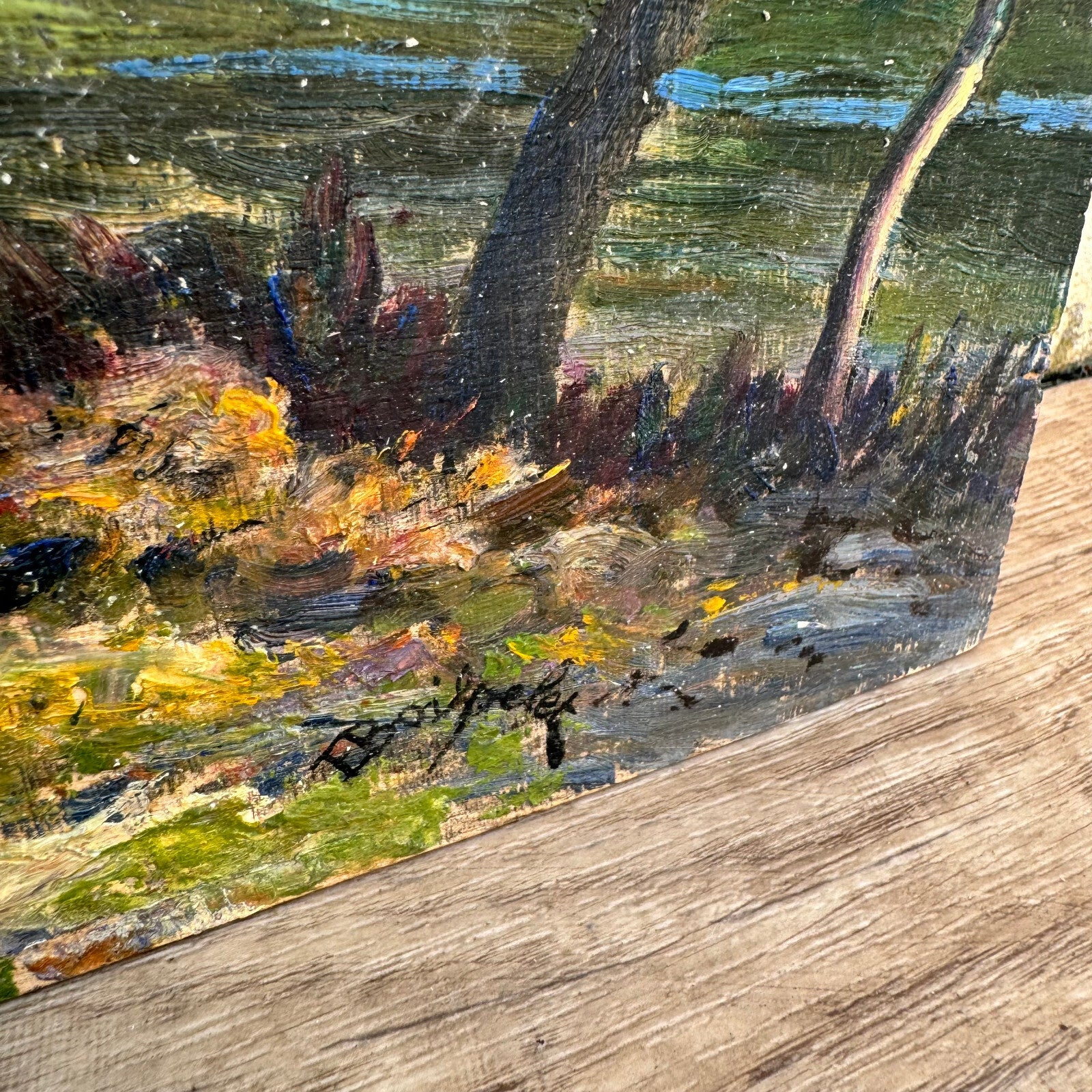 Vintage French Oil Painting Provence River Landscape Signed Wood 0706248 Fleamarketfrance