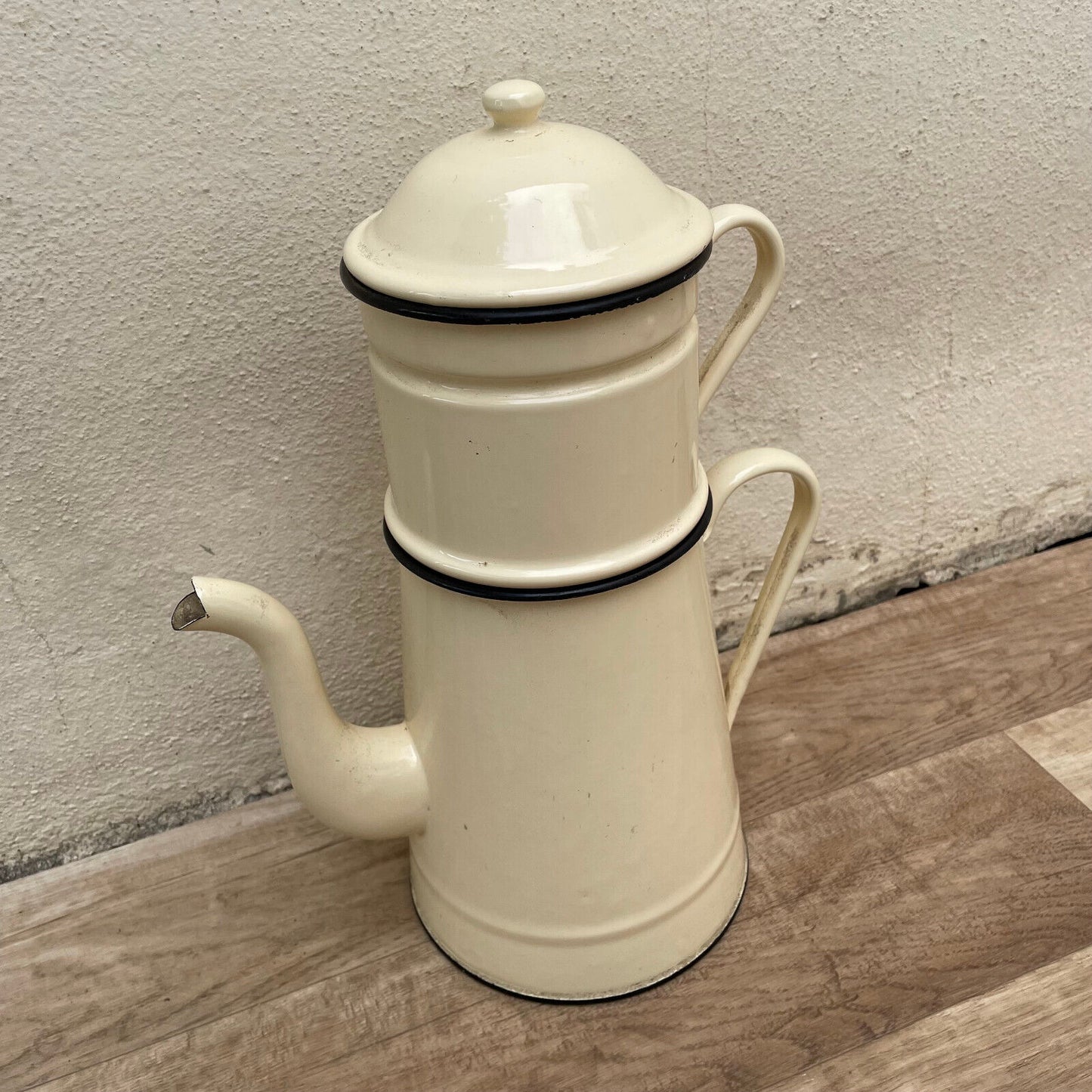 TALL Vintage French Enamelware Enameled Beige Enamel Coffee Pot 18032510