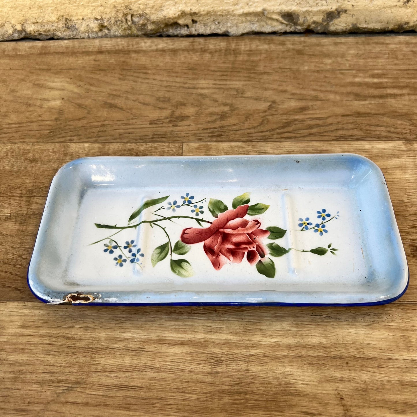 French Enamel Tray Rose Floral Blue White Serving Dish Vintage 20072228 Unmarked