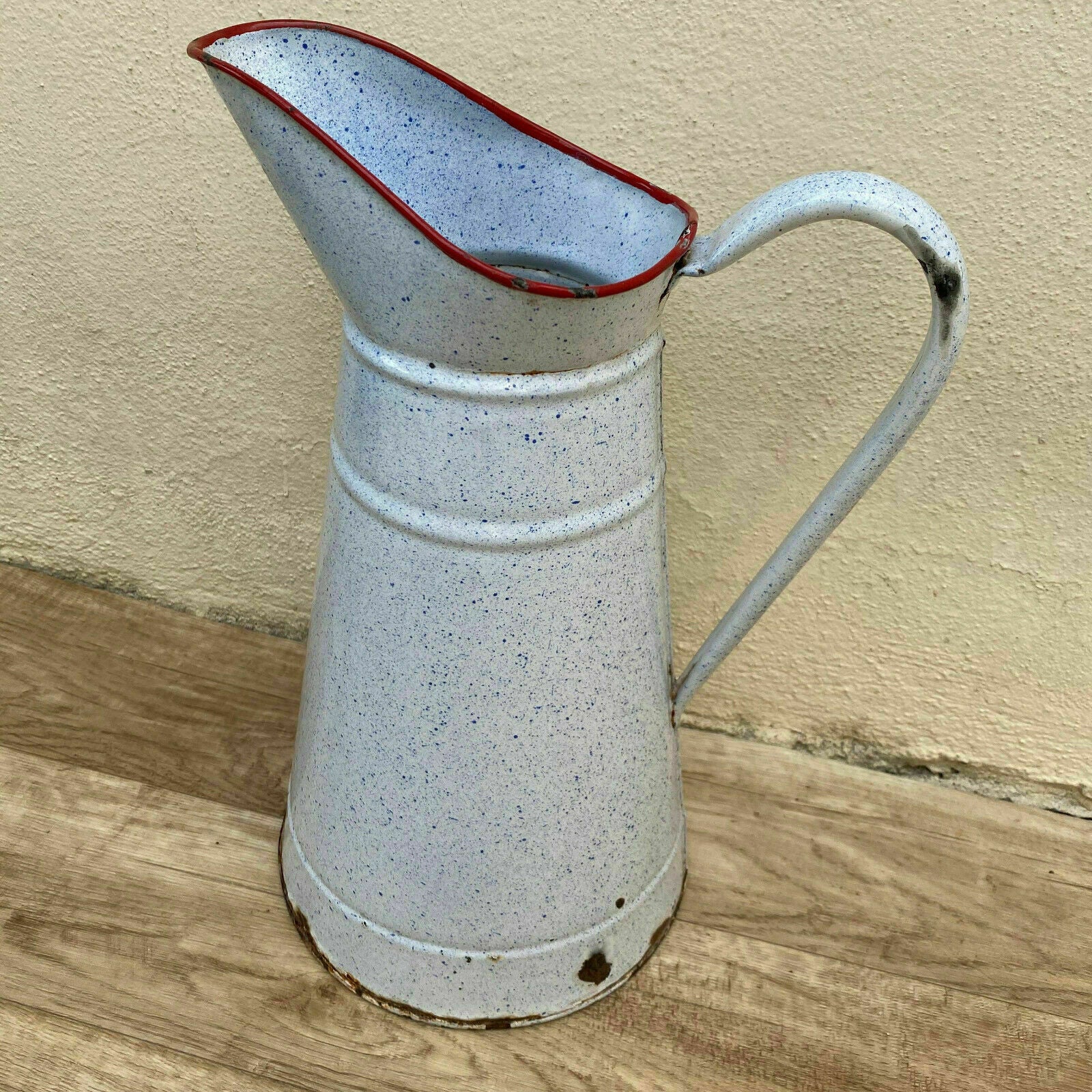 Vintage French Enamel pitcher jug water enameled white red 08112010 - Fleamarketfrance