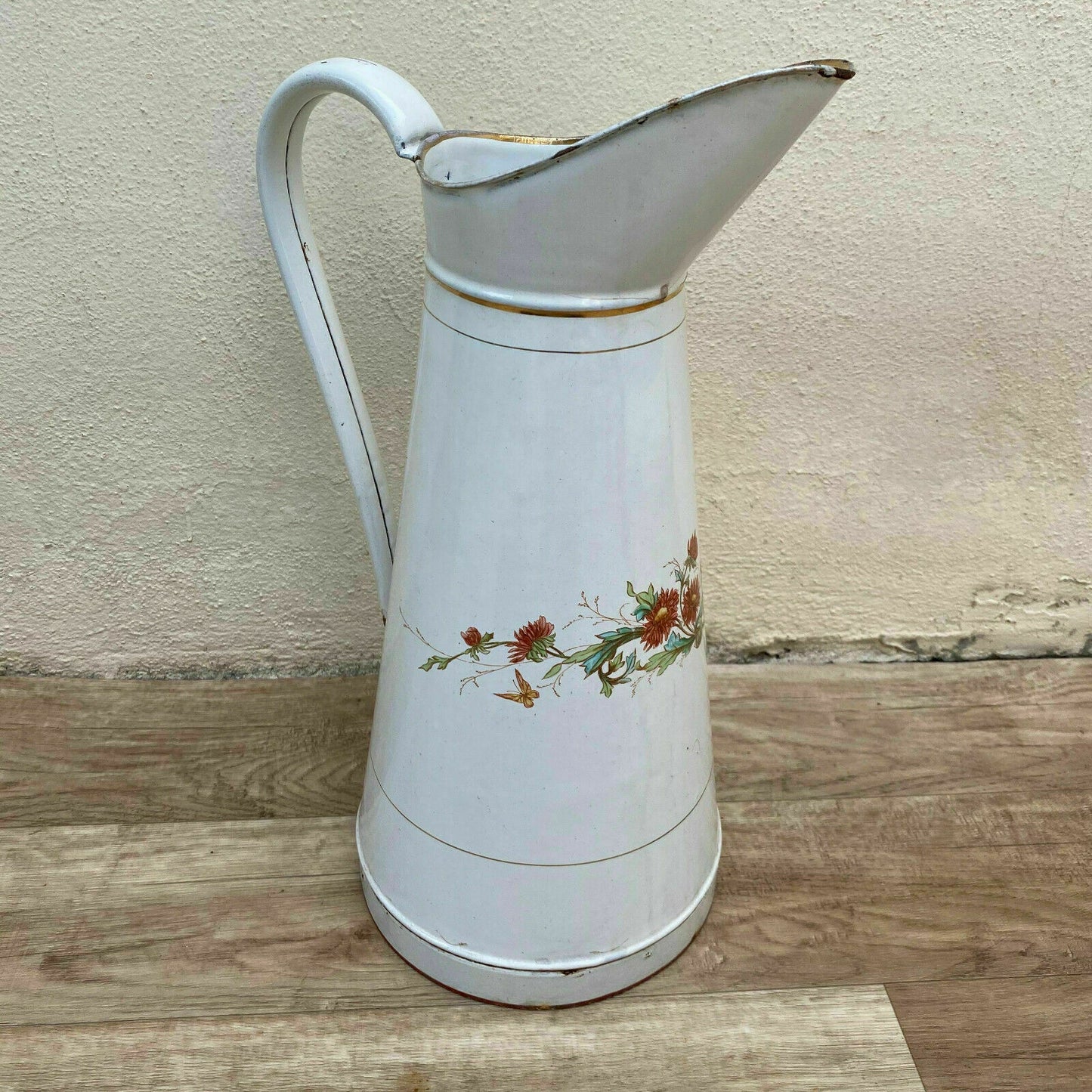 Vintage French JAPY Enamel pitcher jug water enameled white FLOWERS 08112011 - Fleamarketfrance