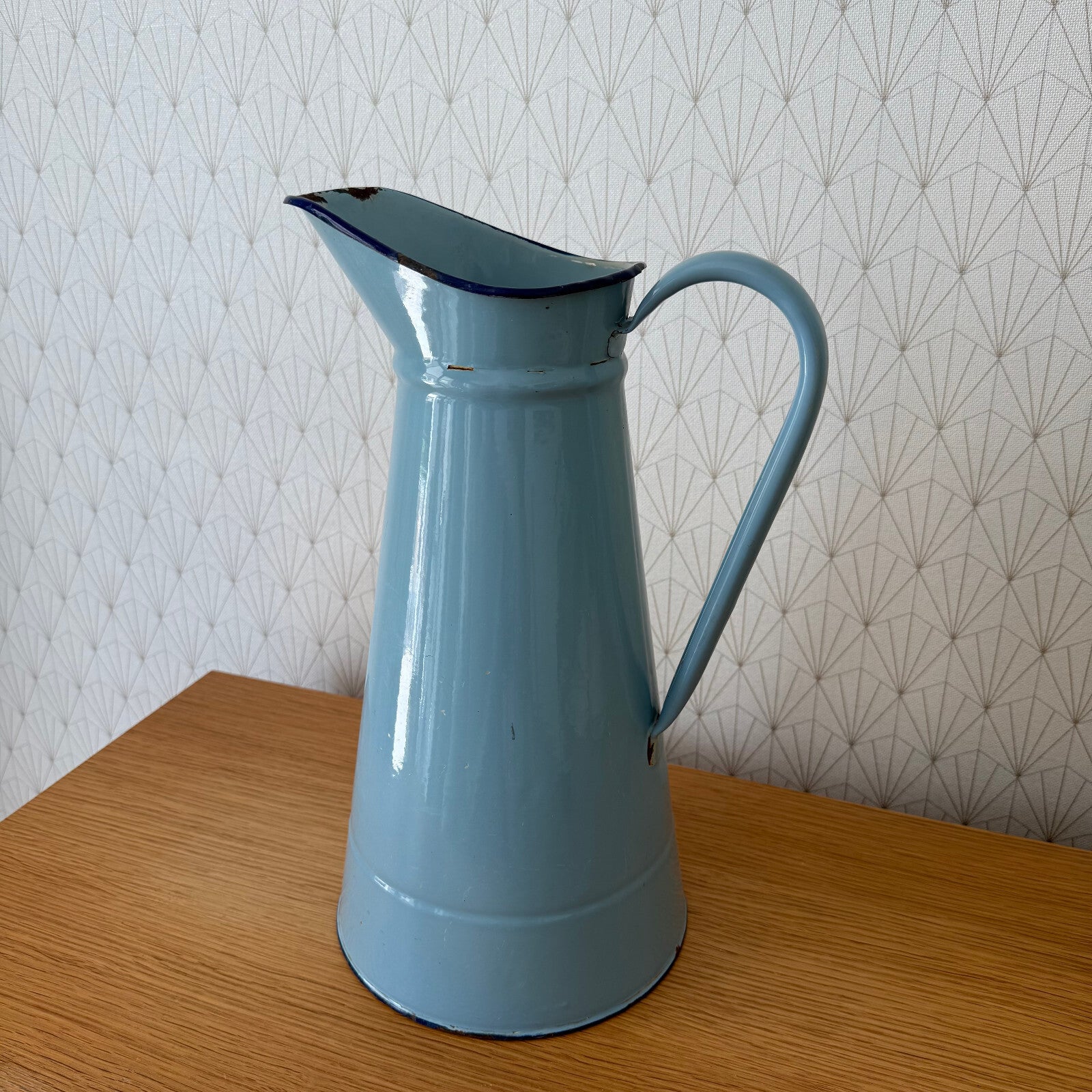 Vintage French Enamel pitcher jug water enameled blue 1206255 Fleamarketfrance