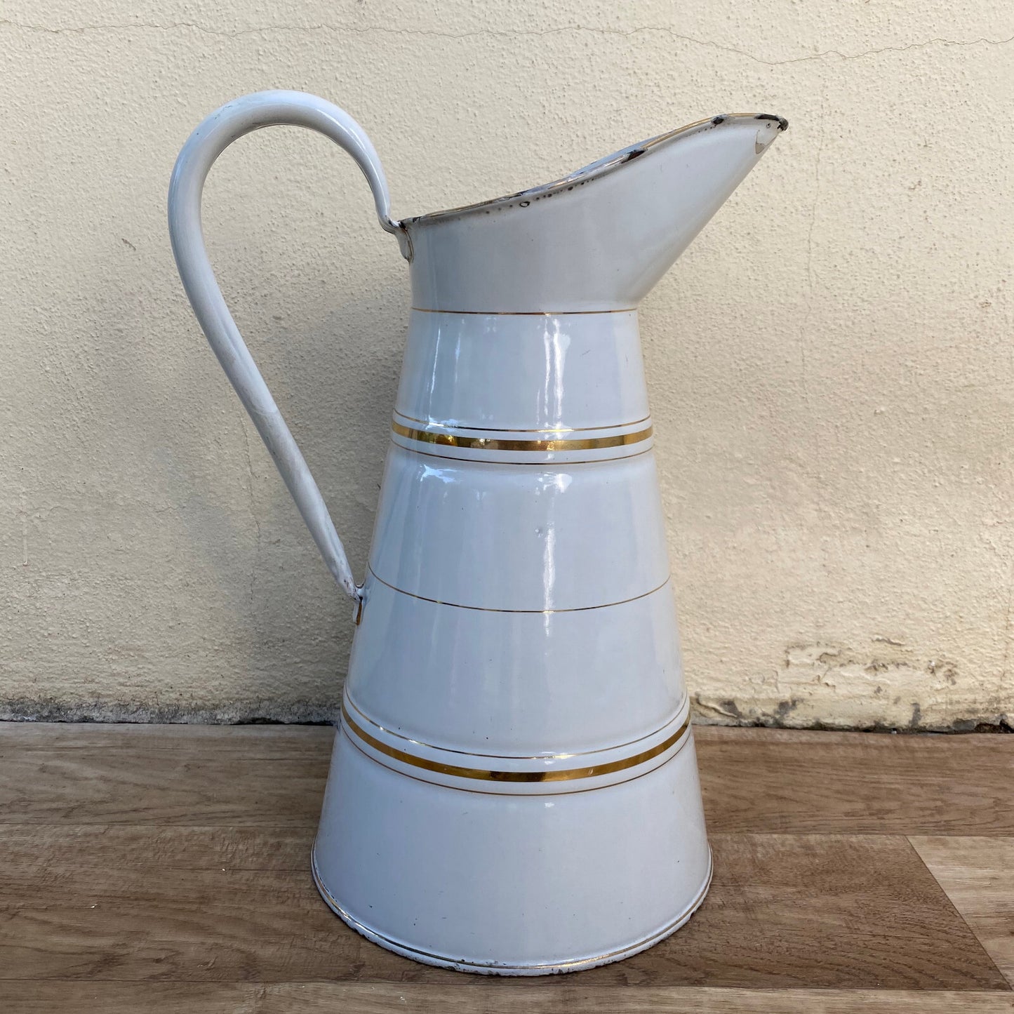 Vintage French Enamel Pitcher Jug Water Enameled White and Gold 2903253