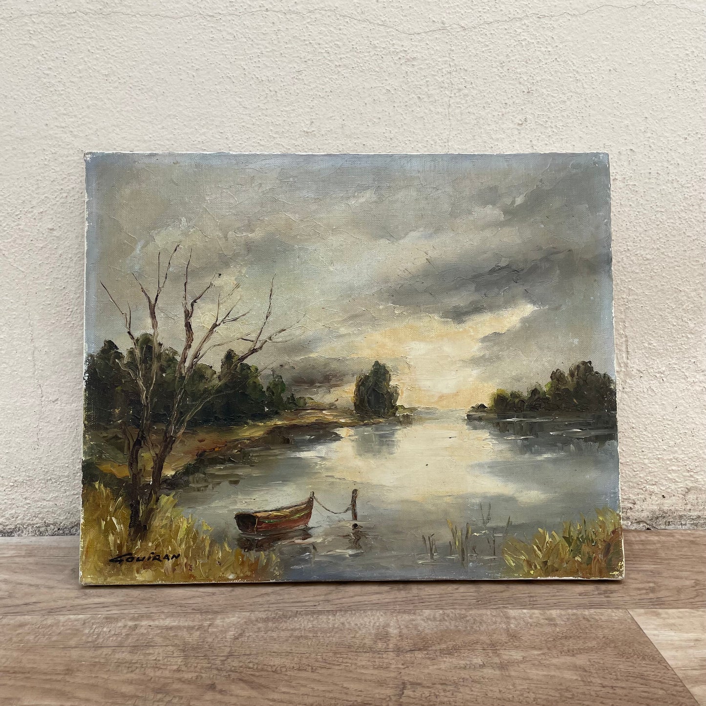 Vintage French Art Landscape Painting Campaign Lake Boat 1703252