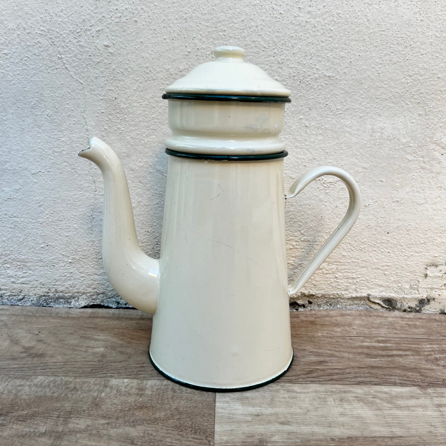 French Enamel Coffee Pot White Green Trim Vintage Enamelware 0610226 Fleamarketfrance