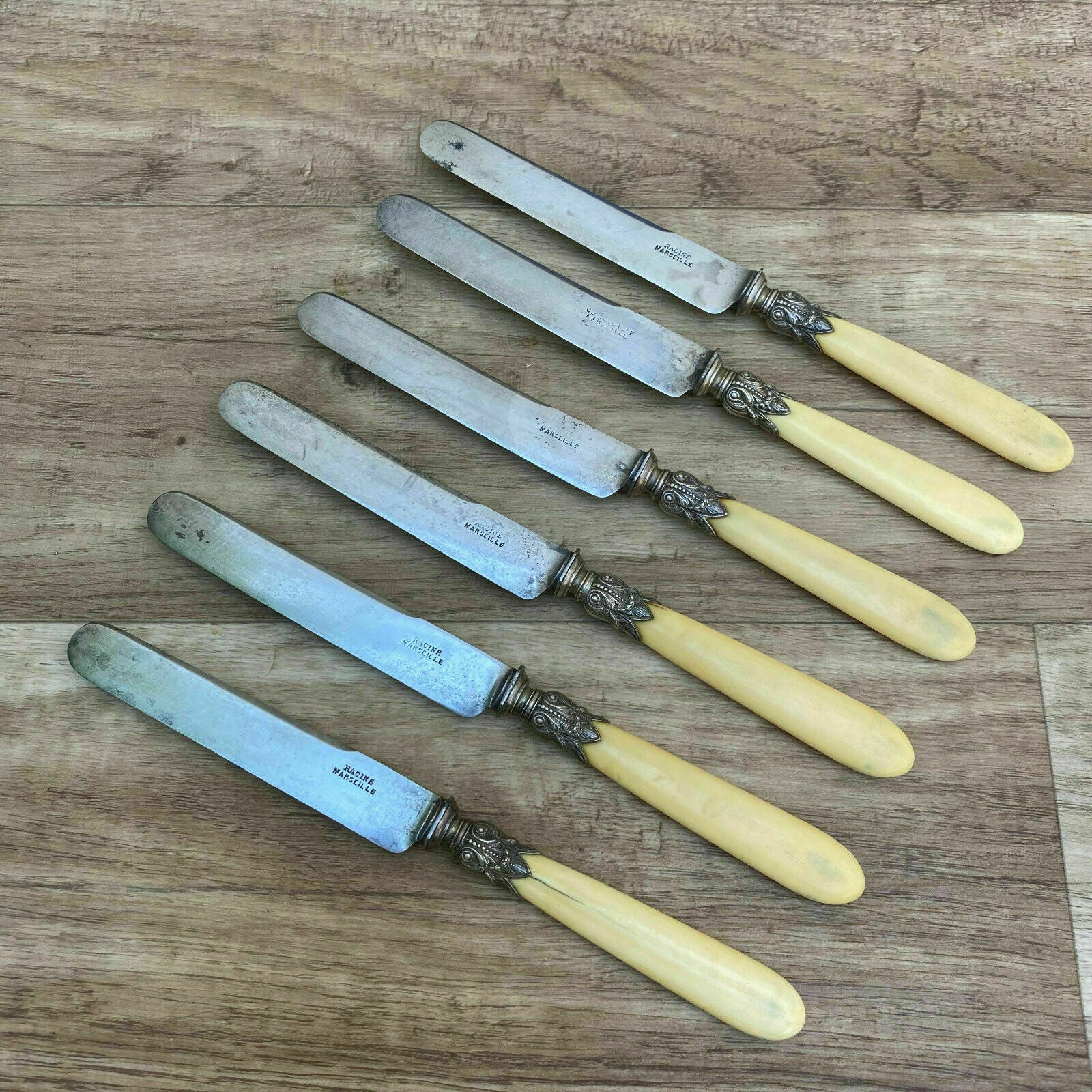 Vintage French Dessert Knives Bone Handles Silver Collars Racine 0708206 Fleamarketfrance