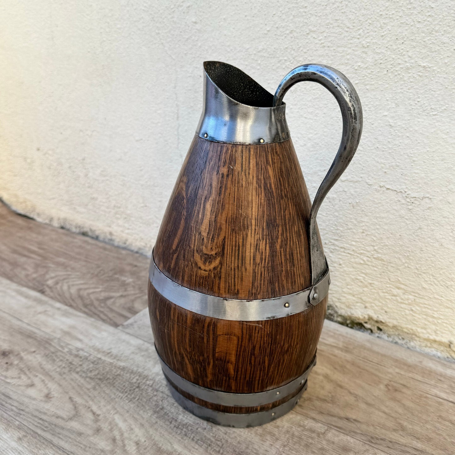 French Wooden Cider Pitcher Staved Oak Metal Bands Vintage 9.75" 04052412 Unbranded