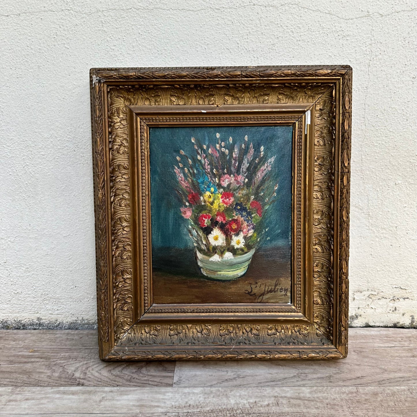 French Vintage Floral Still Life Oil Painting Signed L Julien Frame 01112329 Fleamarketfrance