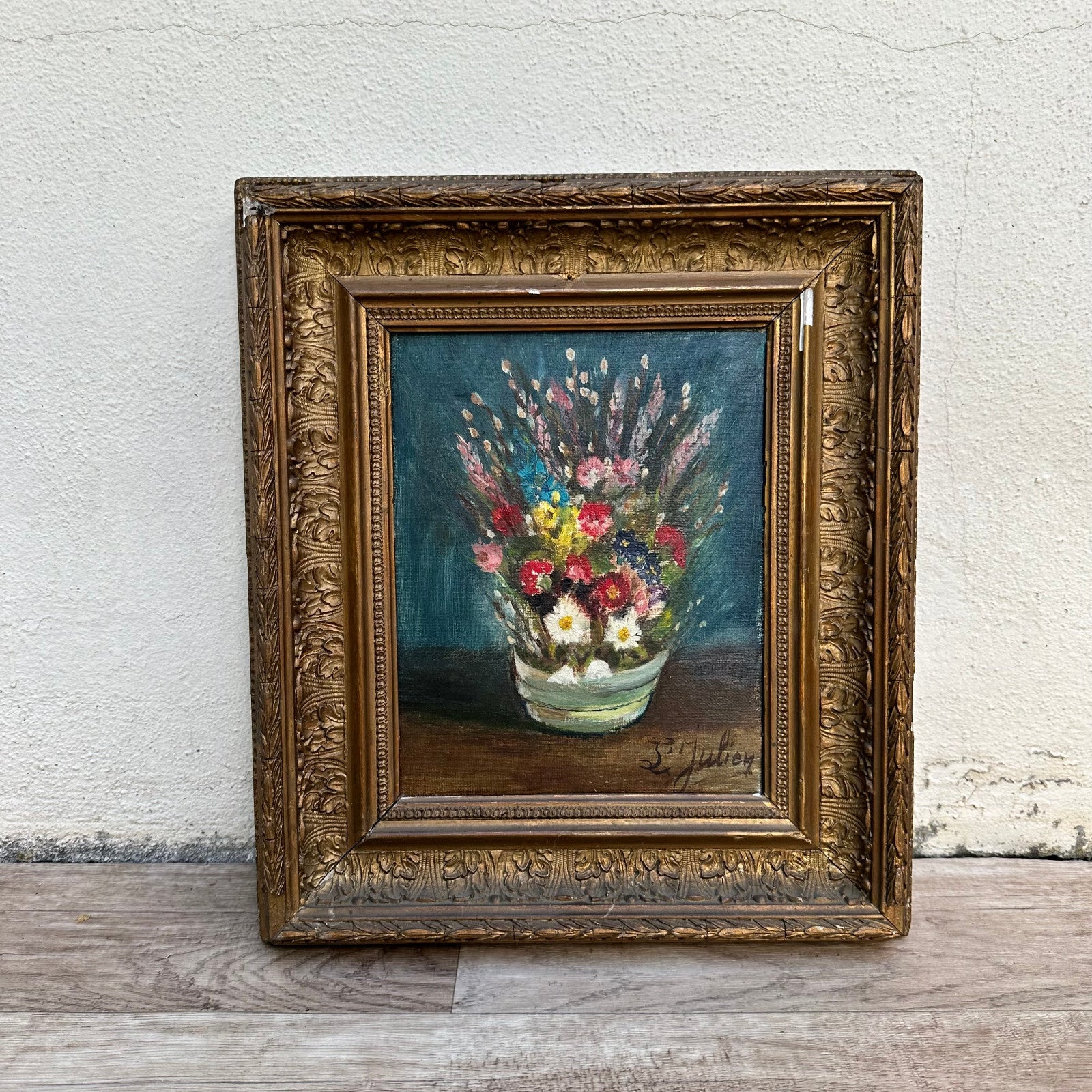 French Vintage Floral Still Life Oil Painting Signed L Julien Frame 01112329 Fleamarketfrance