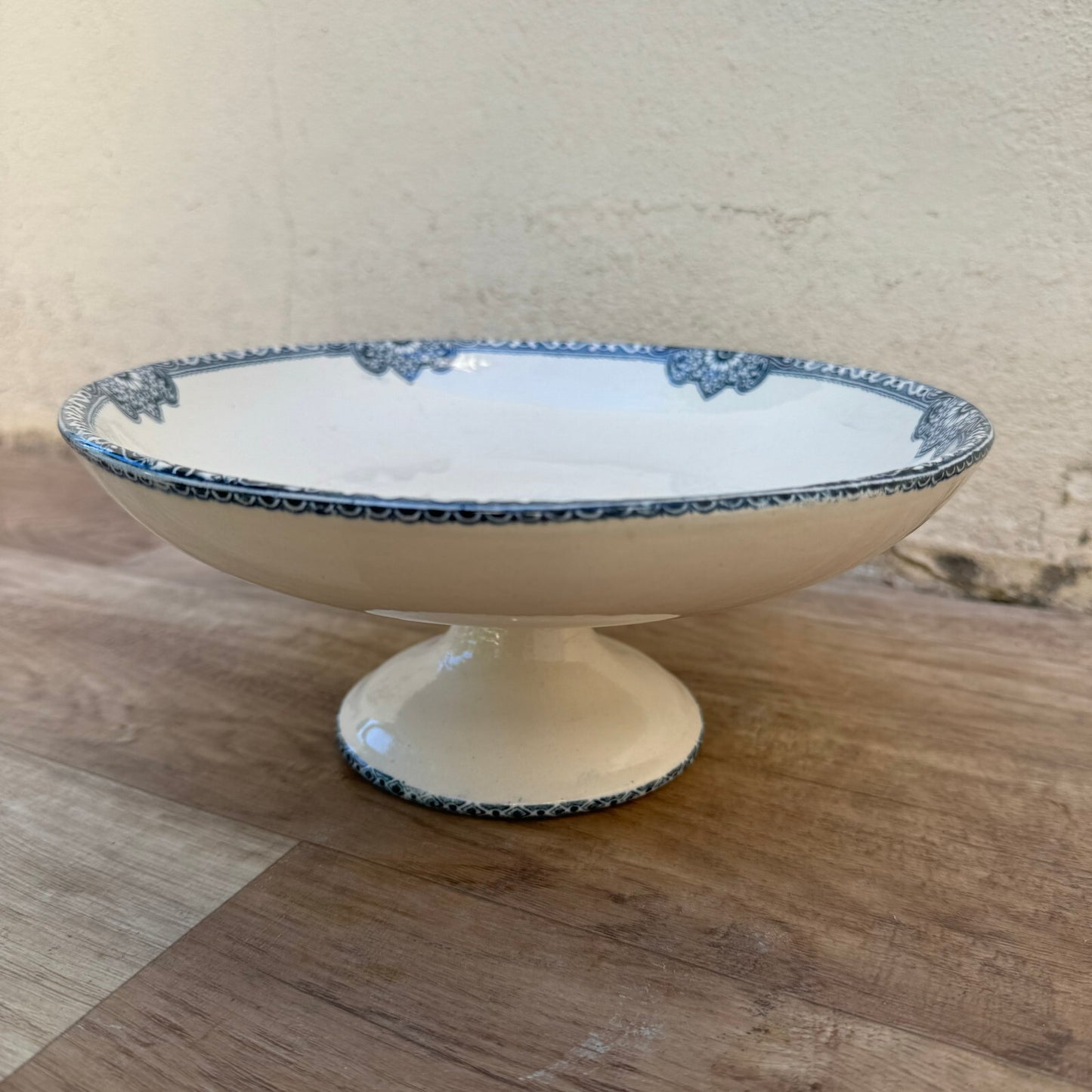French Antique Compote Bowl Jumieges Blue White Pedestal Terre de Fer 0807247 Fleamarketfrance