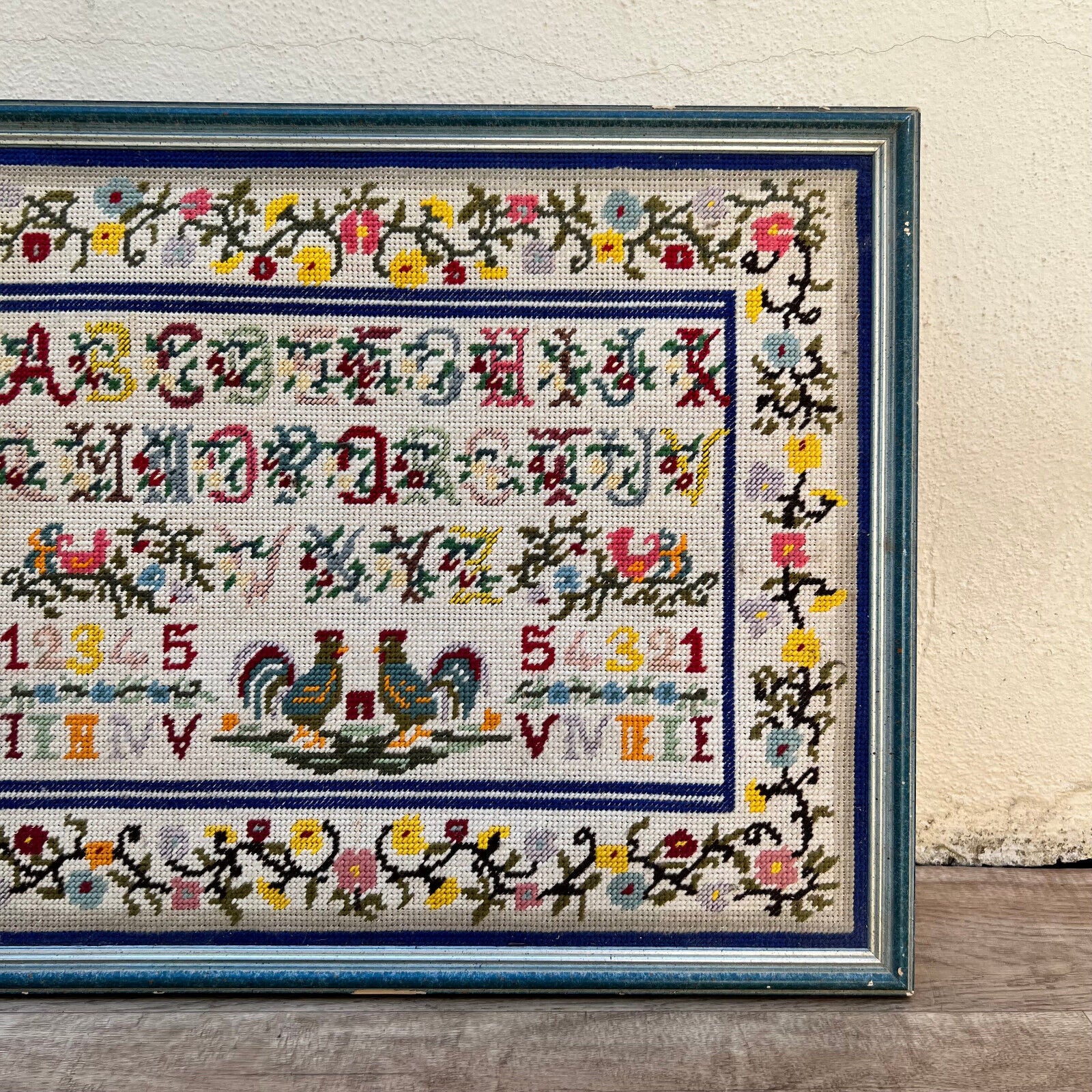 Vintage FRENCH finished cross stitch canvas ABC’s in Wood Tray alphabet 2607221 - Fleamarketfrance