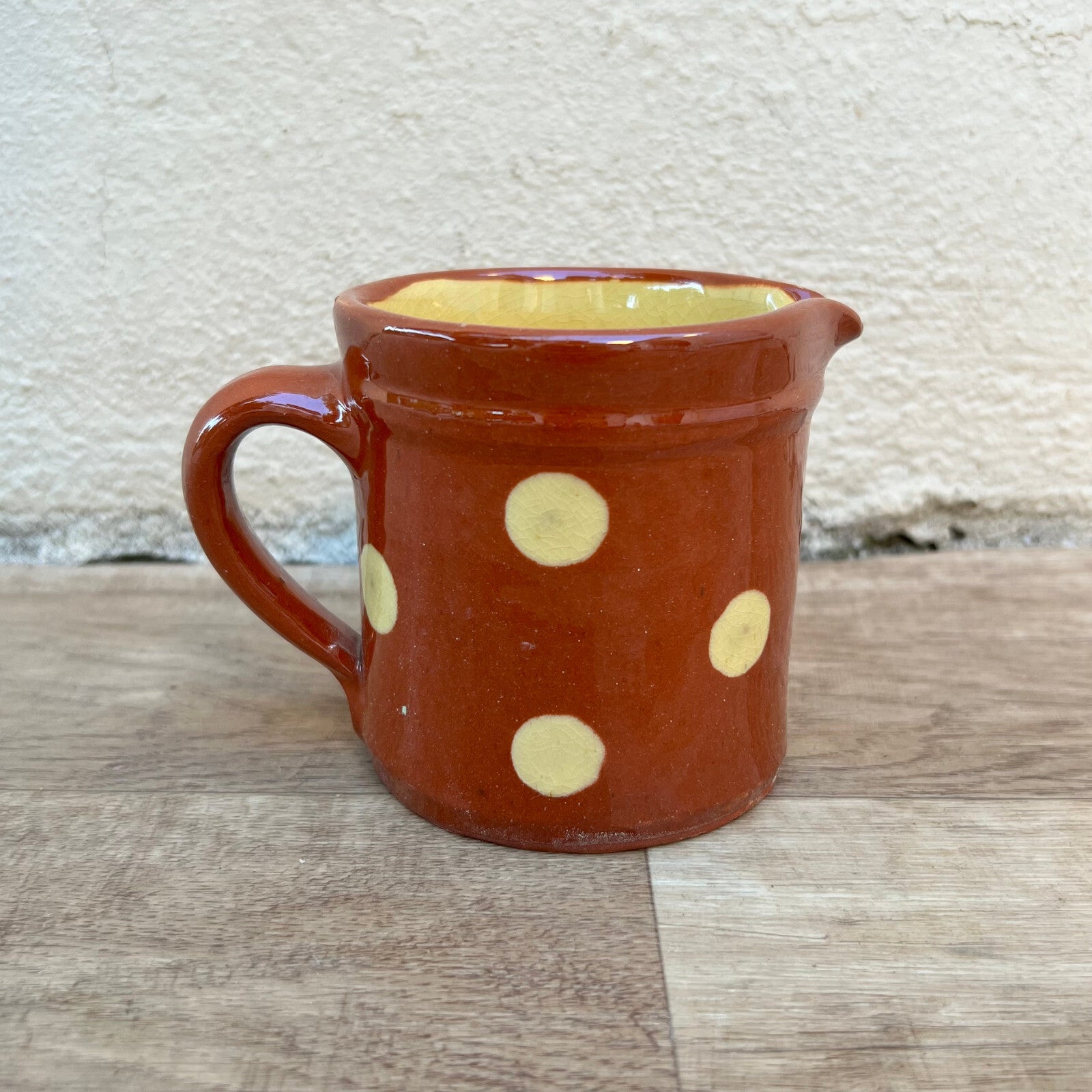 French Terracotta Pitcher Yellow Polka Dot Savoie Milk Cream Jug 06102210 Unmarked