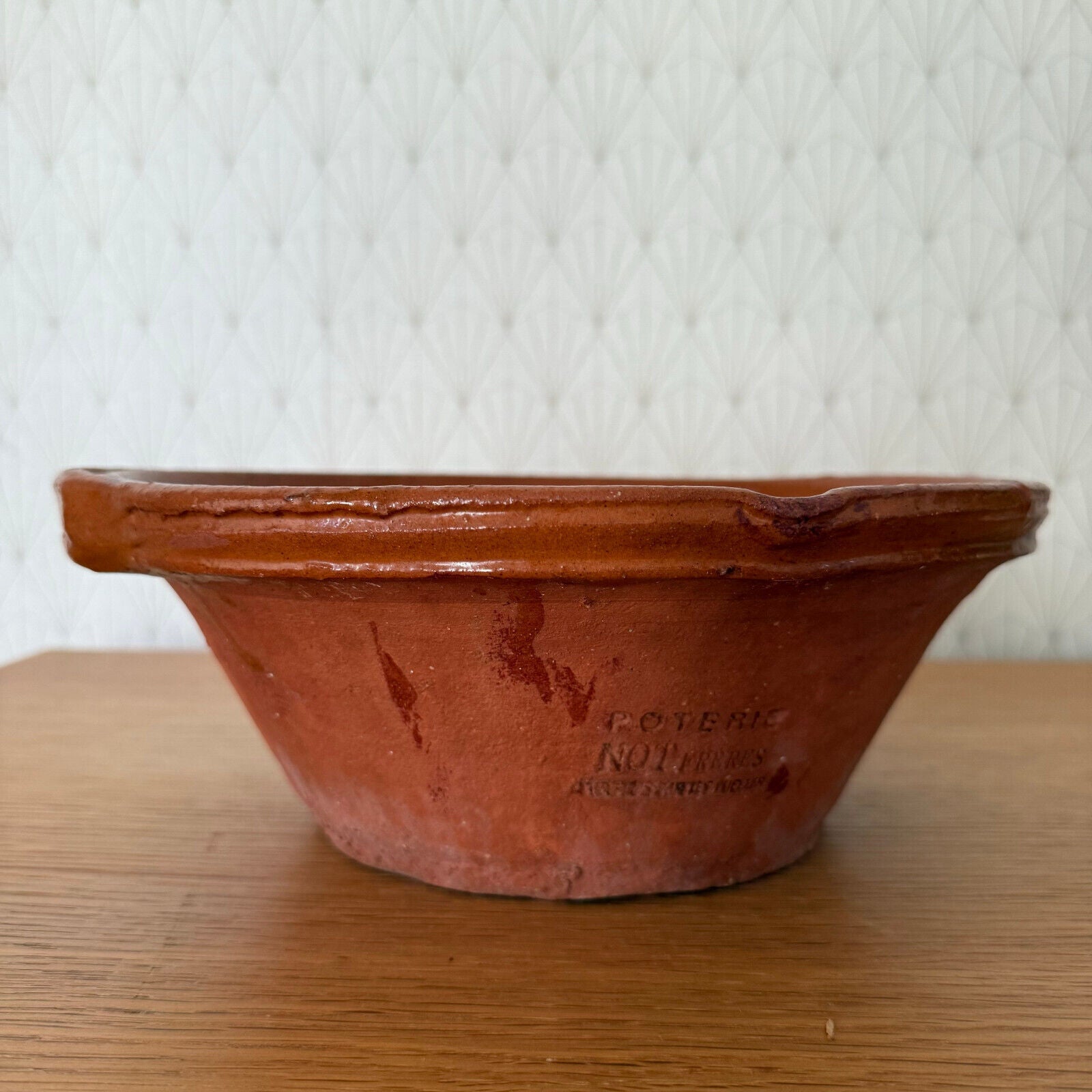 VINTAGE FRENCH GLAZED TERRACOTTA SALAD MIXING BOWL TERRINE TIAN 10 1/4" 0211242 - Fleamarketfrance