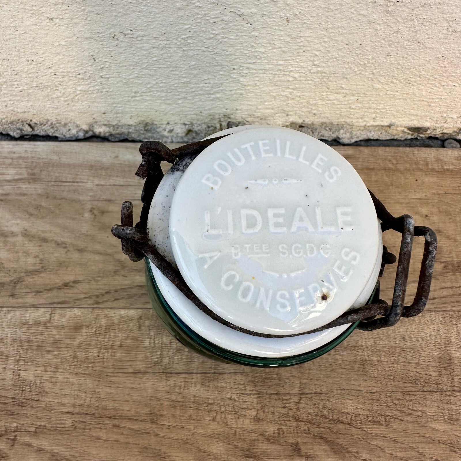 French Vintage L'Ideal Canning Jar Green Glass Porcelain Lid 7.5" 1006242 L'Ideal