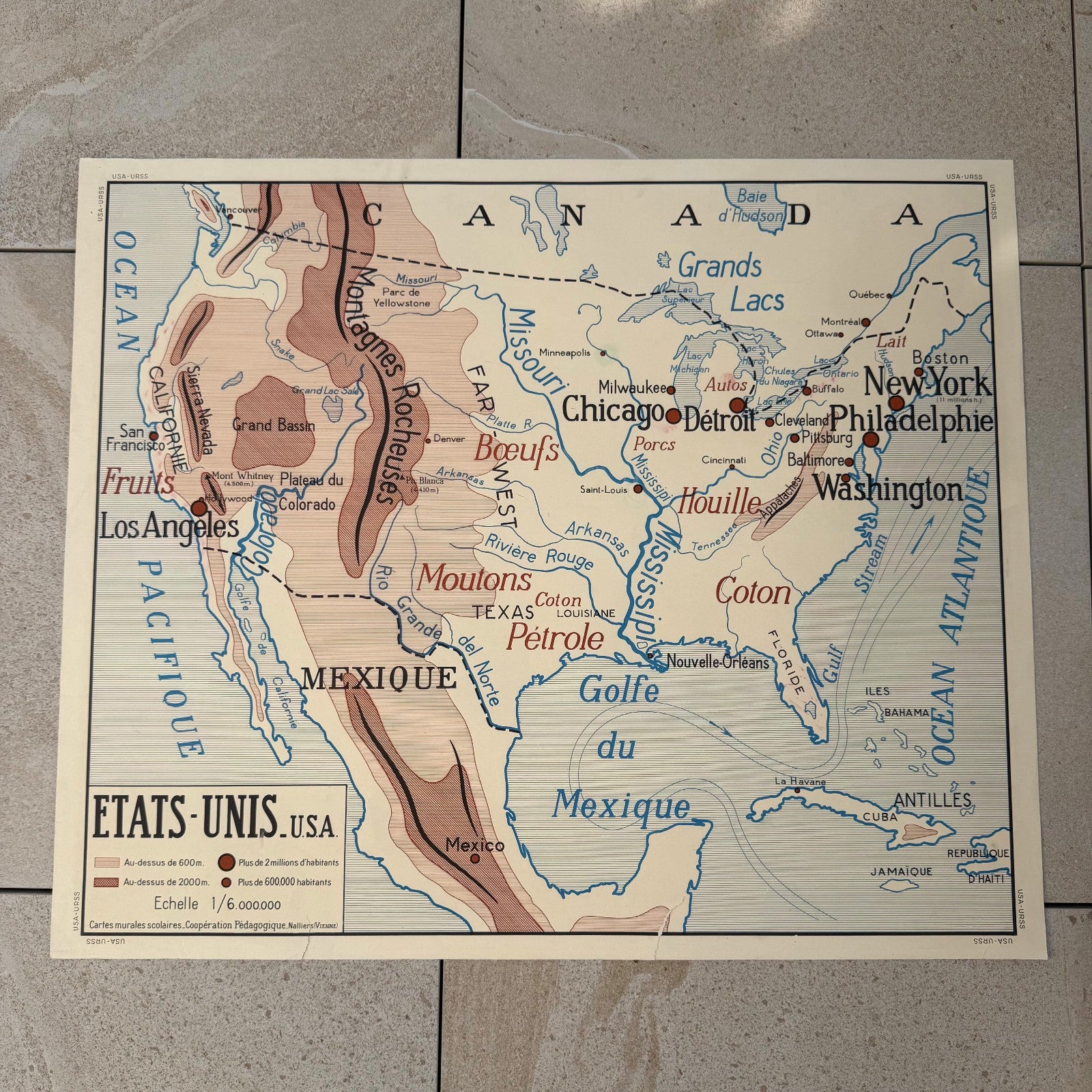 Vintage French School Map Poster USA USSR Geography 20082625 Fleamarketfrance