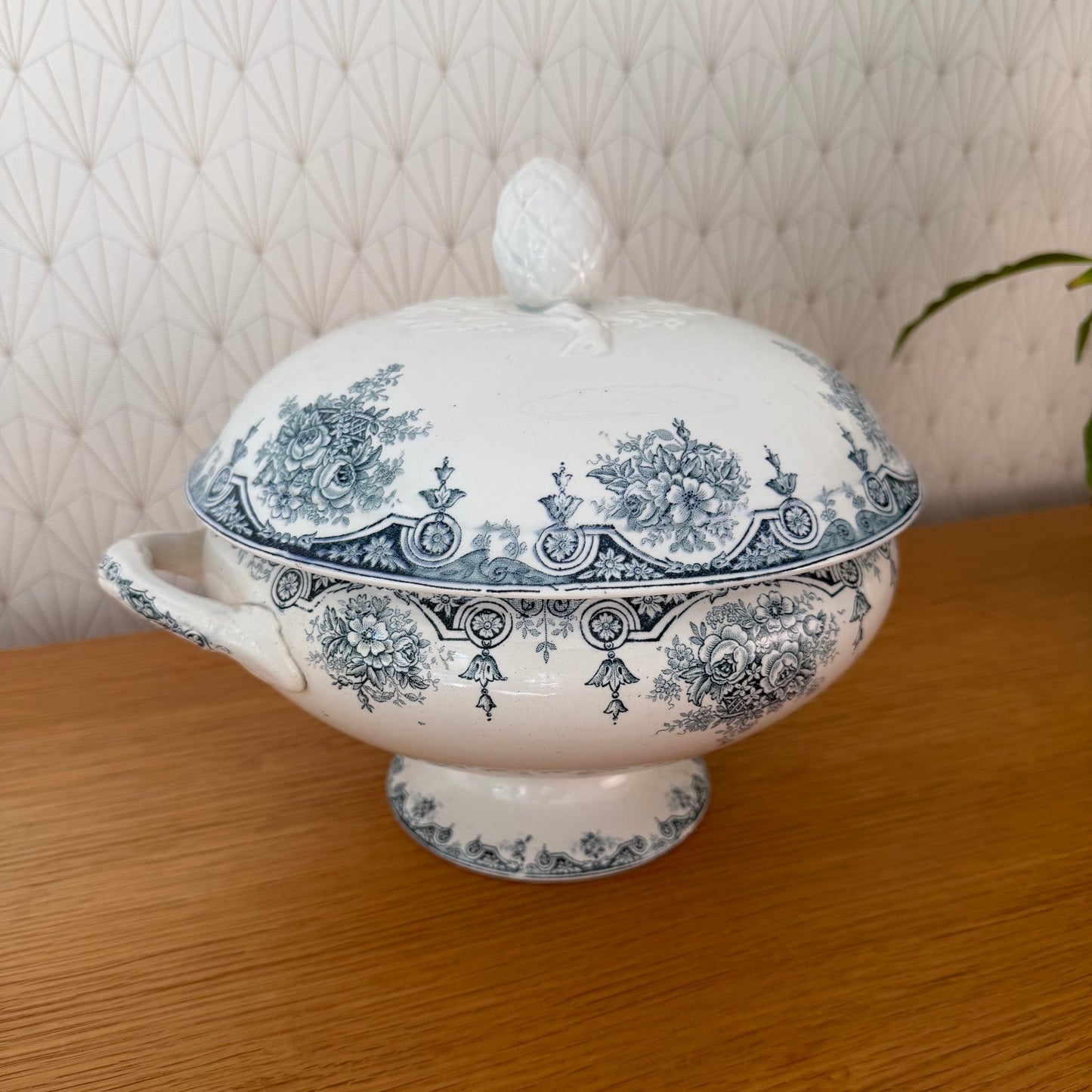 French Tureen Earthenware White Blue Fruits Bowl Terre De Fer  2210251