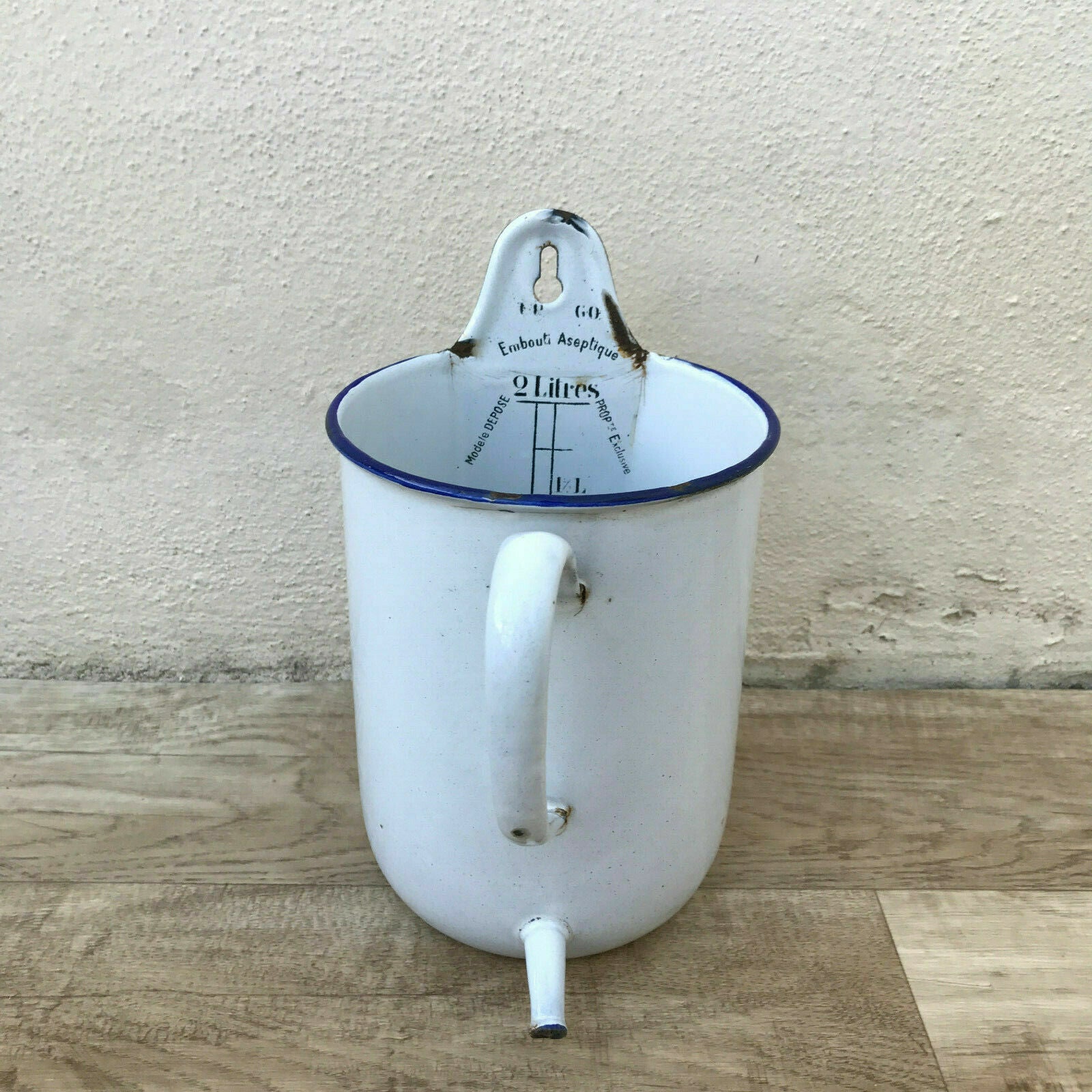 Antique French Enamel Irrigator Medical White Blue Enamelware Douche 0912193 Fleamarketfrance