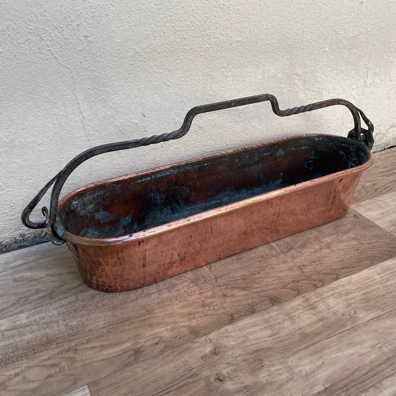 Antique French Copper Fish Kettle Poacher Steamer Planter Hammered 15012510 - Fleamarketfrance