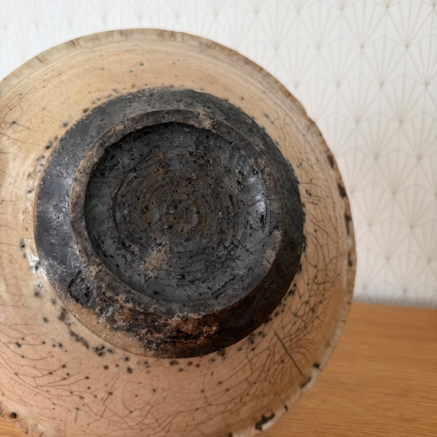 Full view of antique French crackle ceramic bowl displaying overall form, glaze finish, and decorative crackle effect