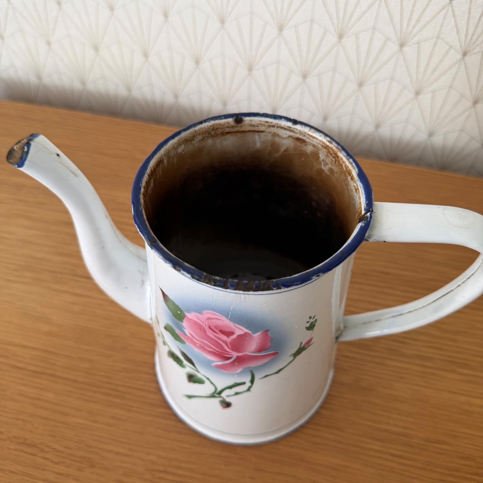 Vintage French Enamel Coffee Pot Rose Decor White Blue Trim 0708267 Fleamarketfrance