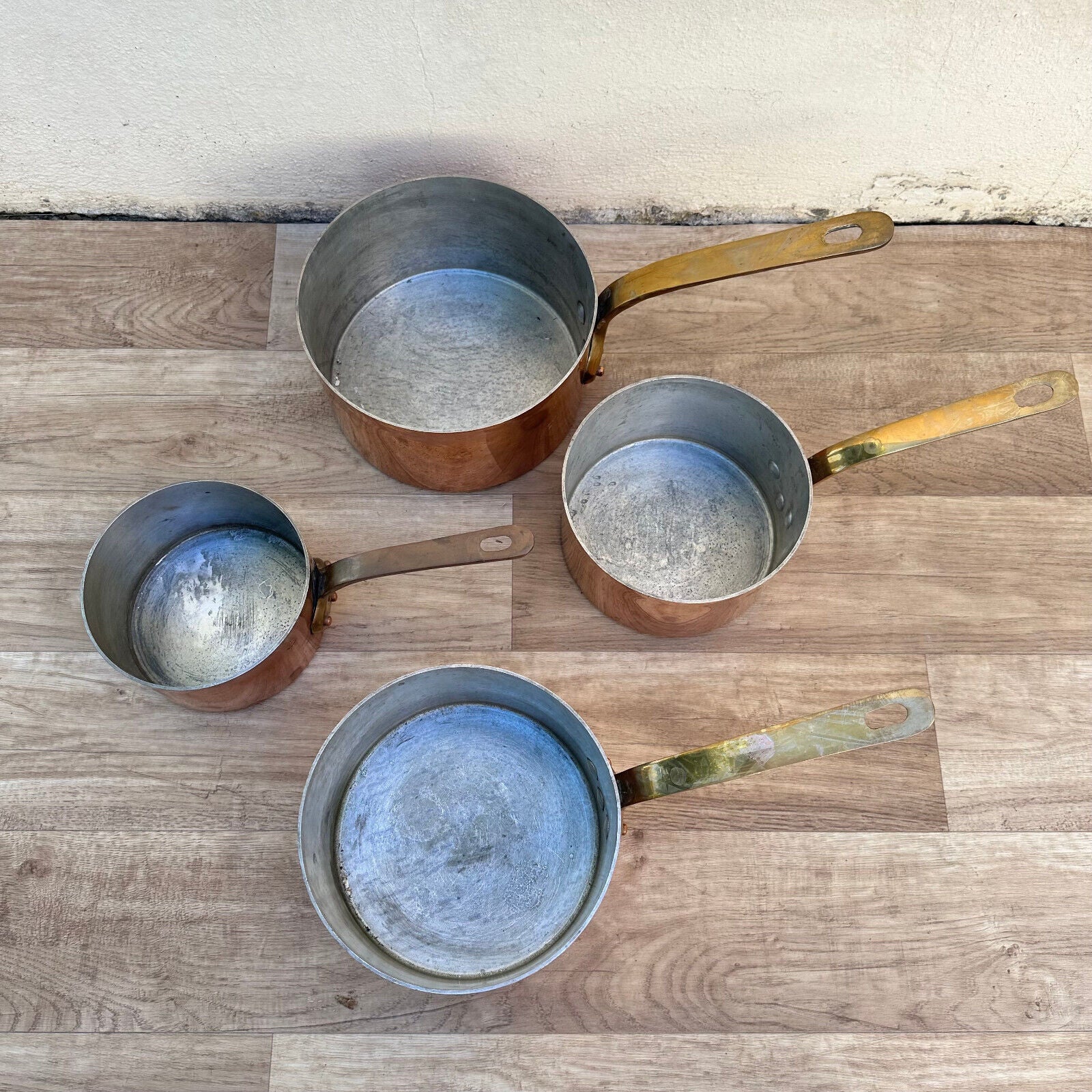 set of 4French copper pans brass handle 2mm made in France VILLEDIEU 2510234 - Fleamarketfrance