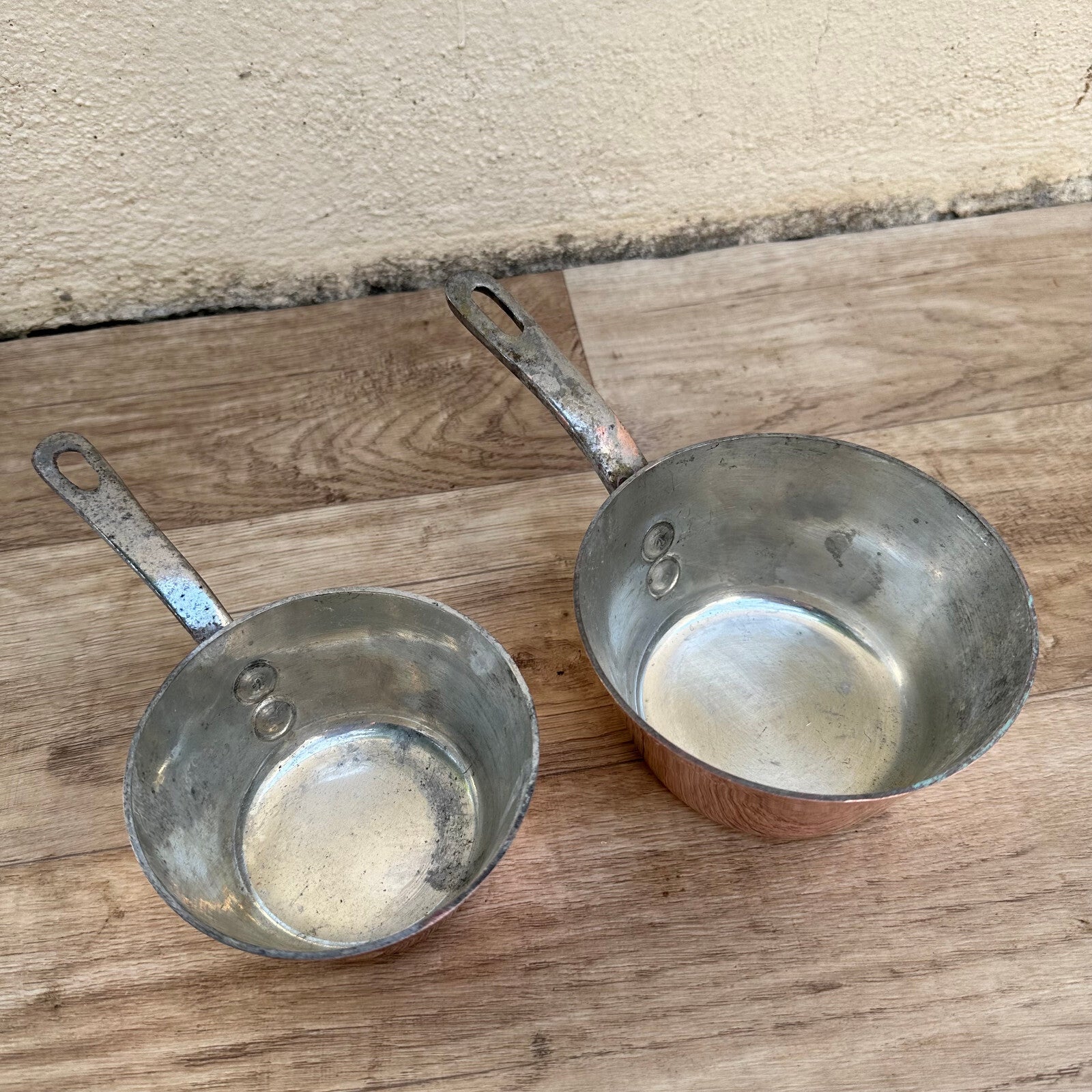 Vintage French Copper Saucepans Villedieu Set of 2 Normandy Cookware 2802251 Unbranded