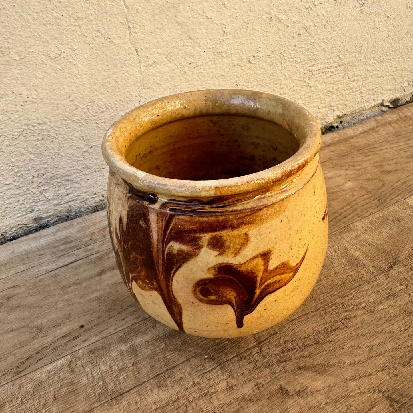 HANDMADE GLAZED BROWN YELLOW ANTIQUE FRENCH HONEY POT TERRACOTTA 1202256 - Fleamarketfrance