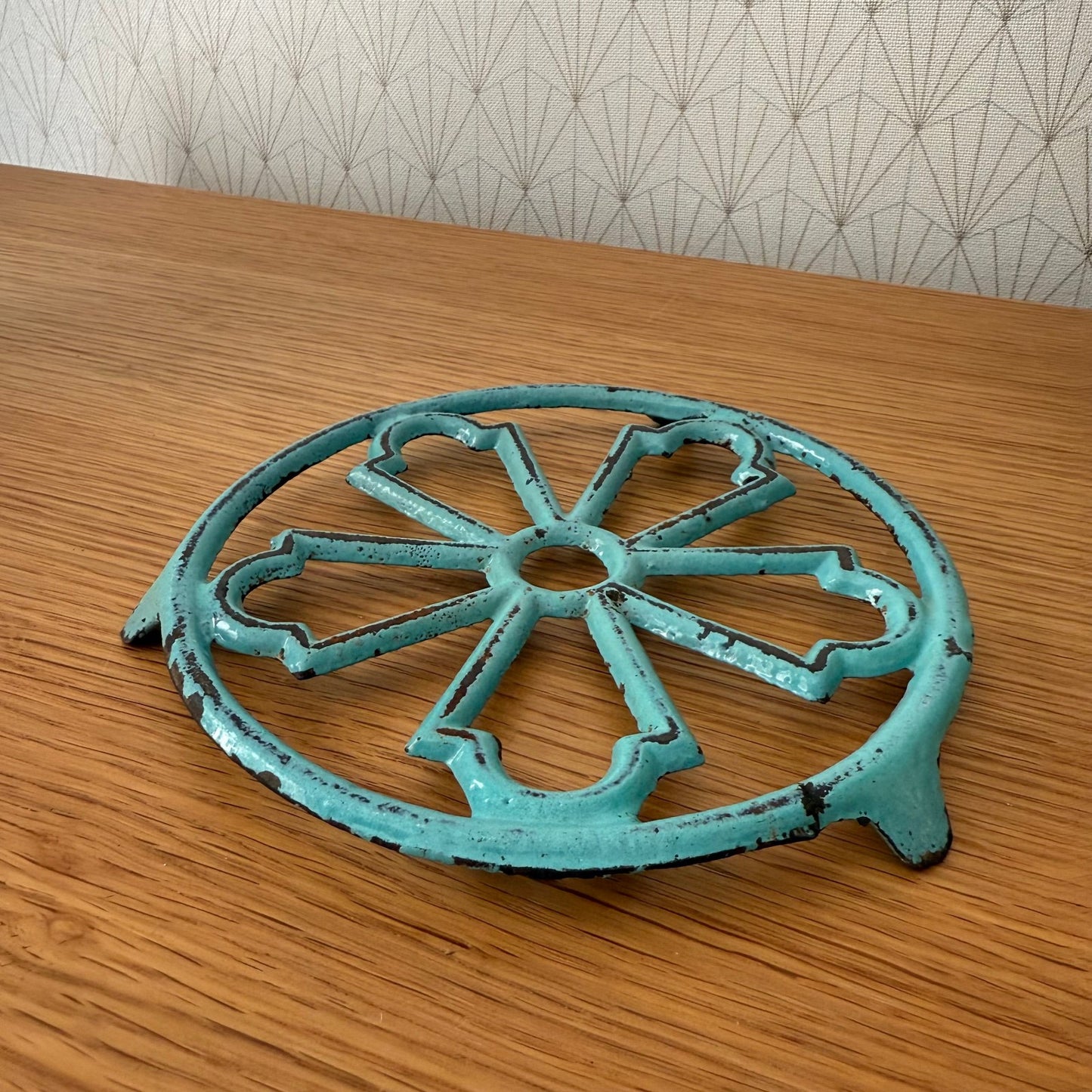 Antique vintage french Cast iron kitchen Trivet  france blue turquoise 0807257