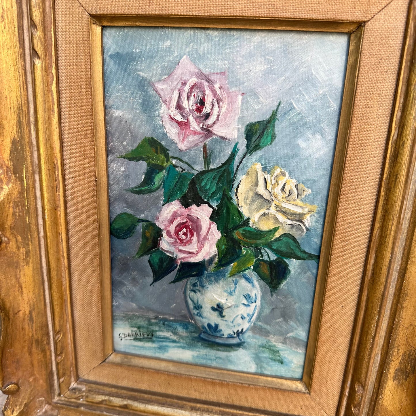 French Rose Painting Still Life Oil Canvas Signed L Julien Vintage 01112330 Fleamarketfrance