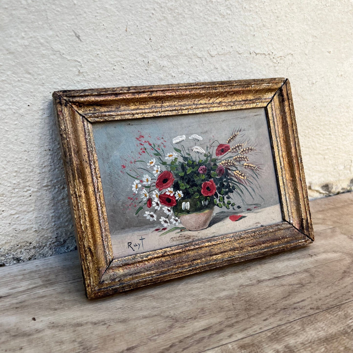 Small French still life flowers poppies painting framed and signed 0610243 - Fleamarketfrance