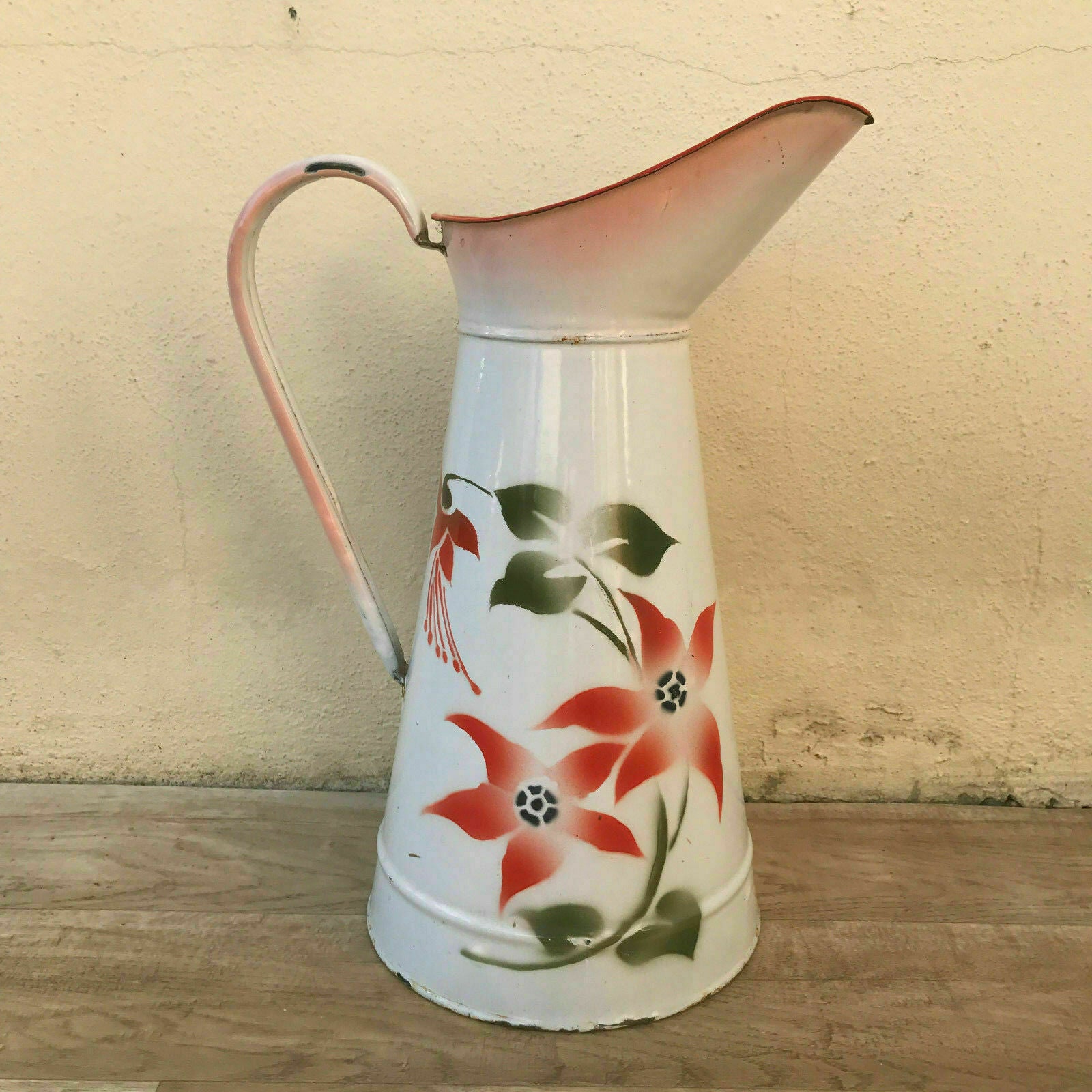 Vintage French Enamel pitcher jug water enameled white with flowers 2601182 - Fleamarketfrance