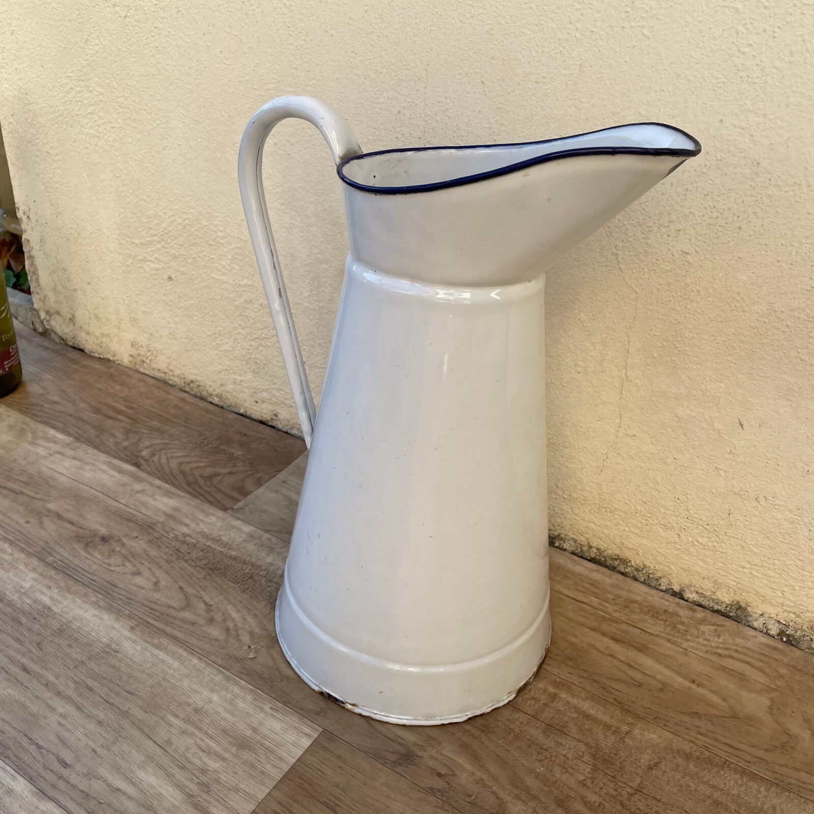 Vintage French Enamel Pitcher White Blue Rim Water Jug 36cm 14" 2210243 Fleamarketfrance