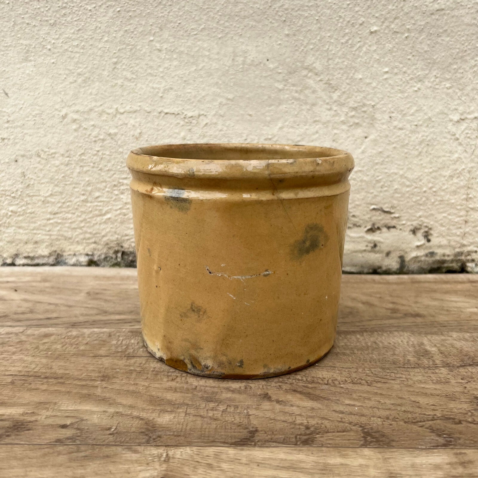 HANDMADE GLAZED YELLOW ANTIQUE FRENCH JAM CONFIT POT TERRACOTTA 5 1/2" 22042229 Unmarked