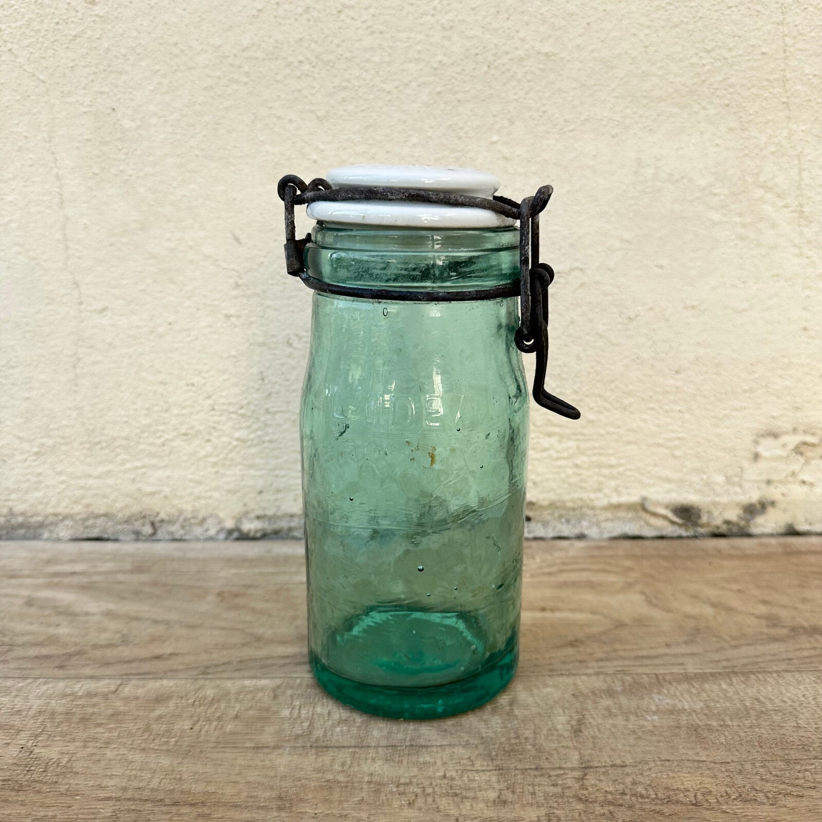French Vintage L'Ideal Canning Jar Green Glass Porcelain Lid 7.5" 1006242 L'Ideal