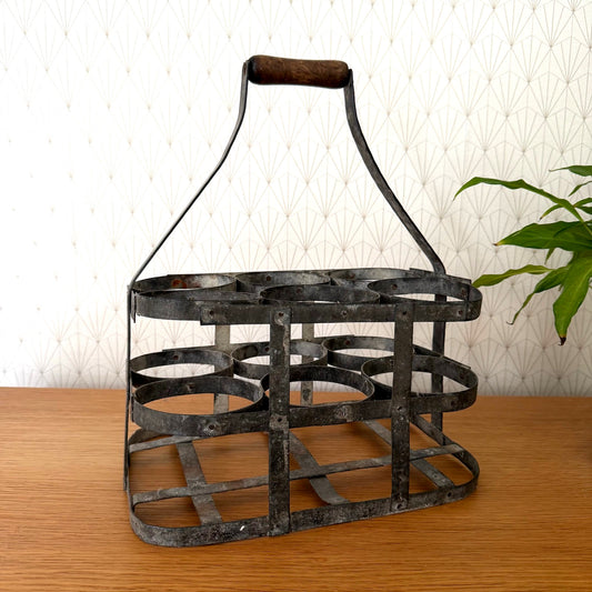 VINTAGE FRENCH Handmade Zinc Metalware 6 Bottle Wine Carrier Basket 08102512