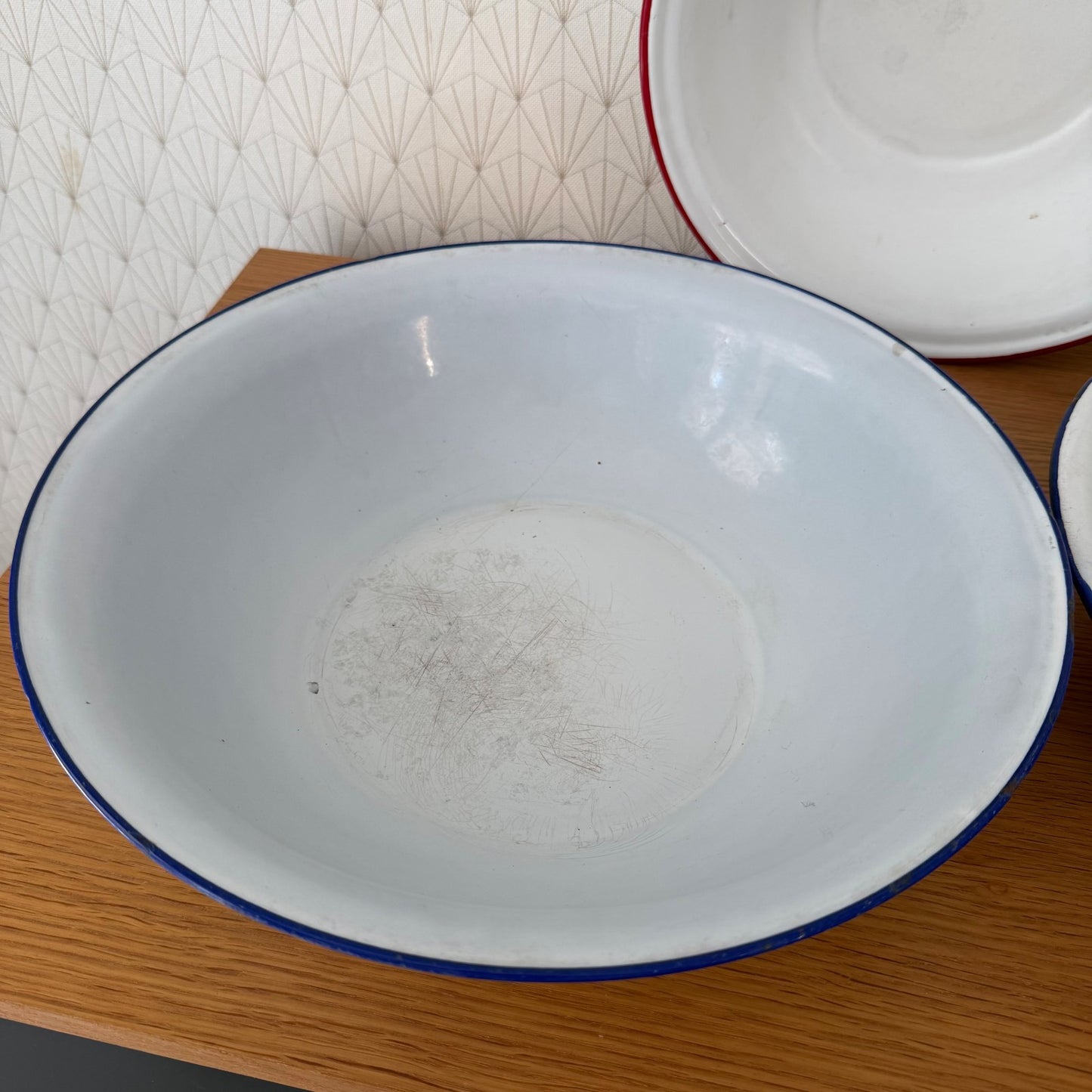 Set 3 French Enamel Basin Bowls White Blue Red Rim Vintage 04092630